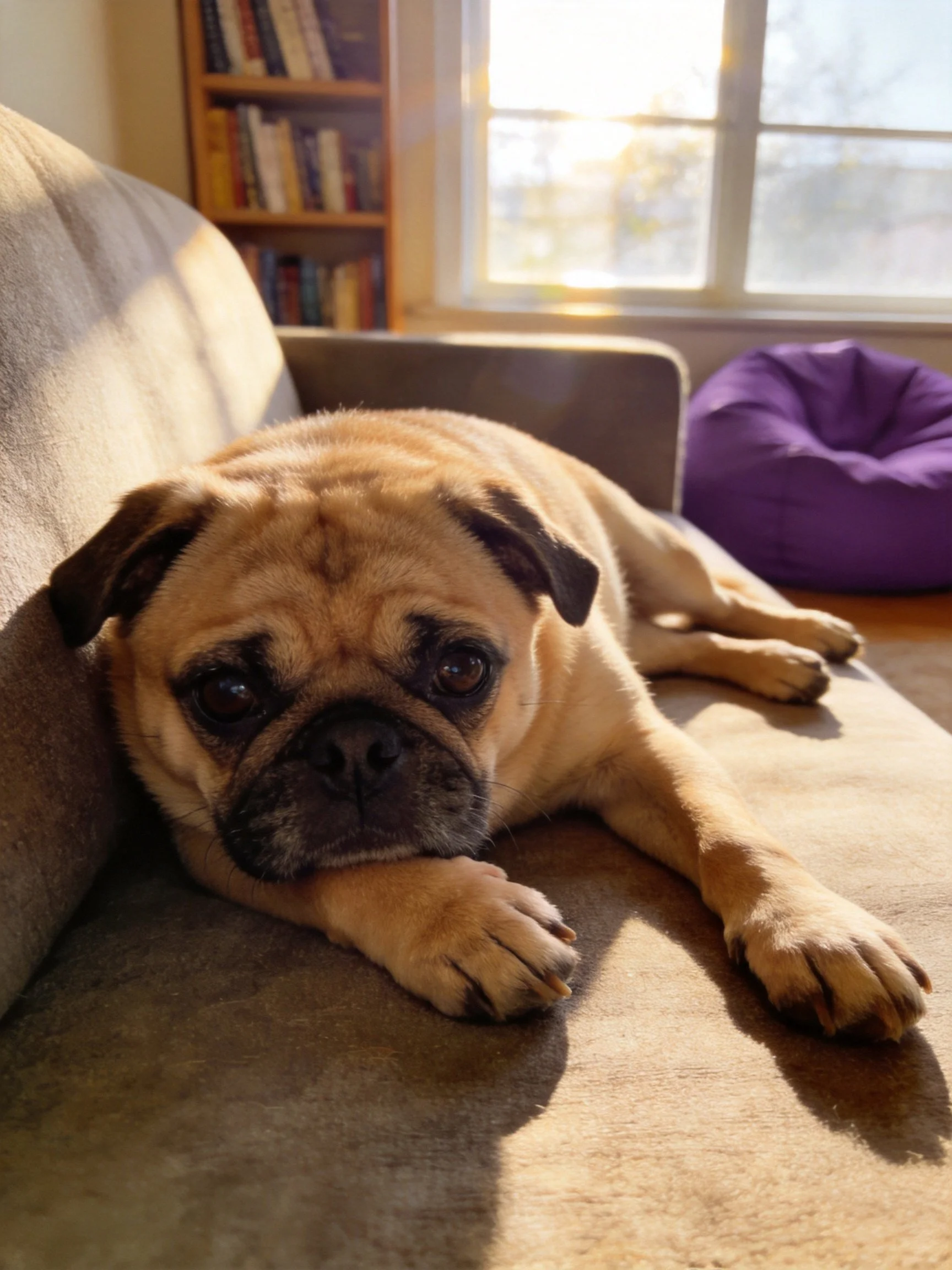 A tan pug relaxes on a brown couch in a sunlit living room.