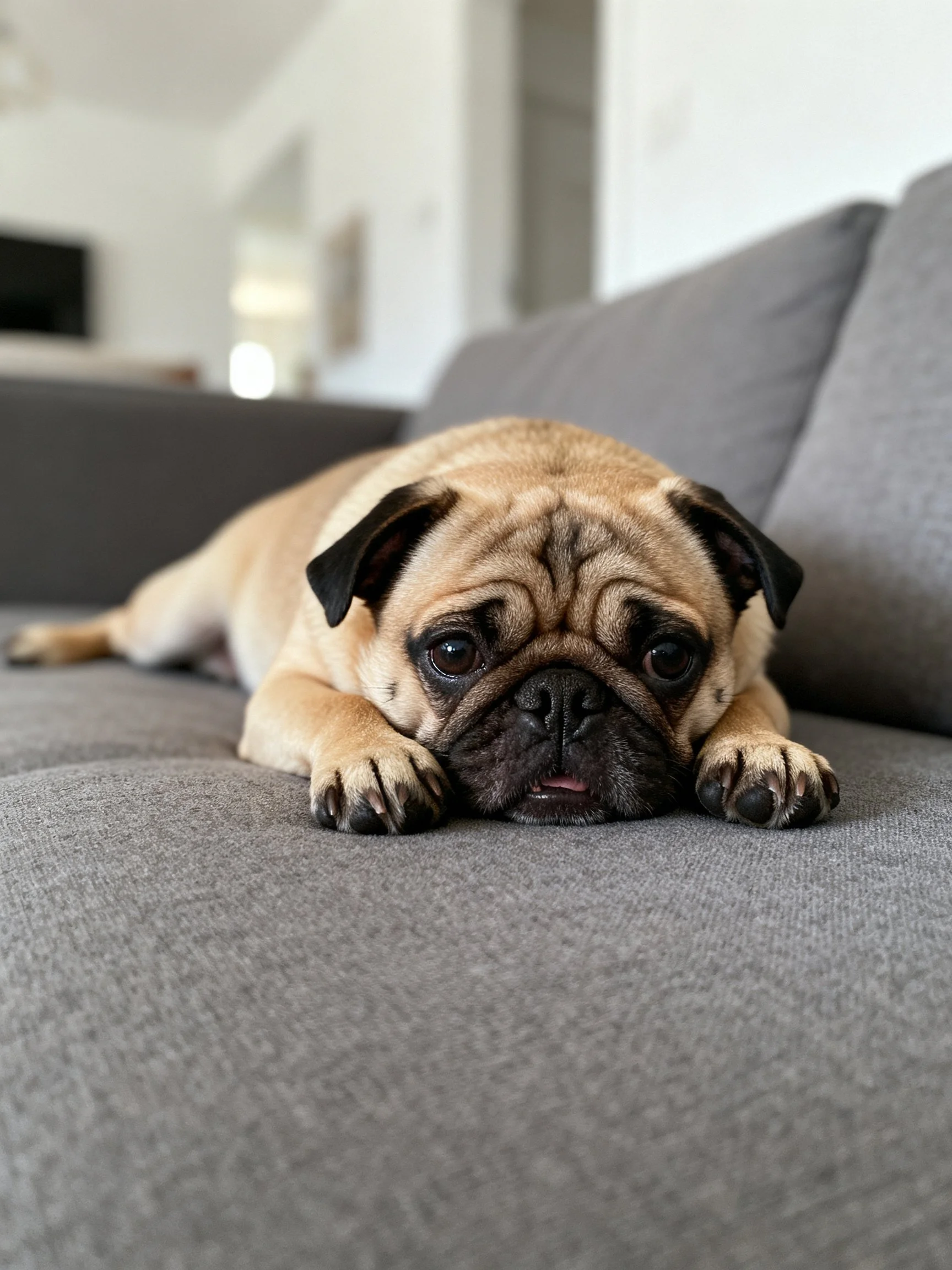 A tan pug relaxes on a gray couch in a bright living room.