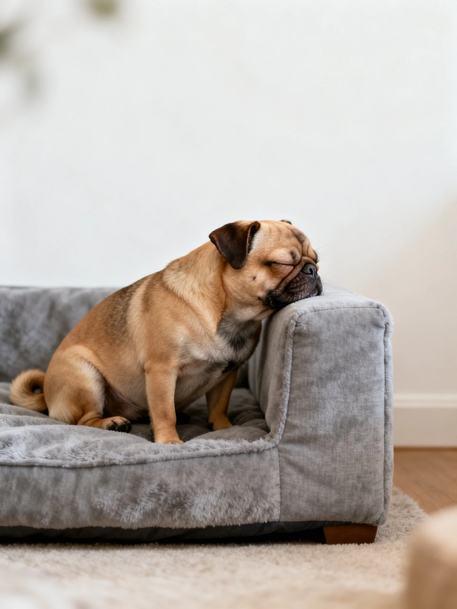 A tan pug relaxes on a plush gray pet bed indoors.
