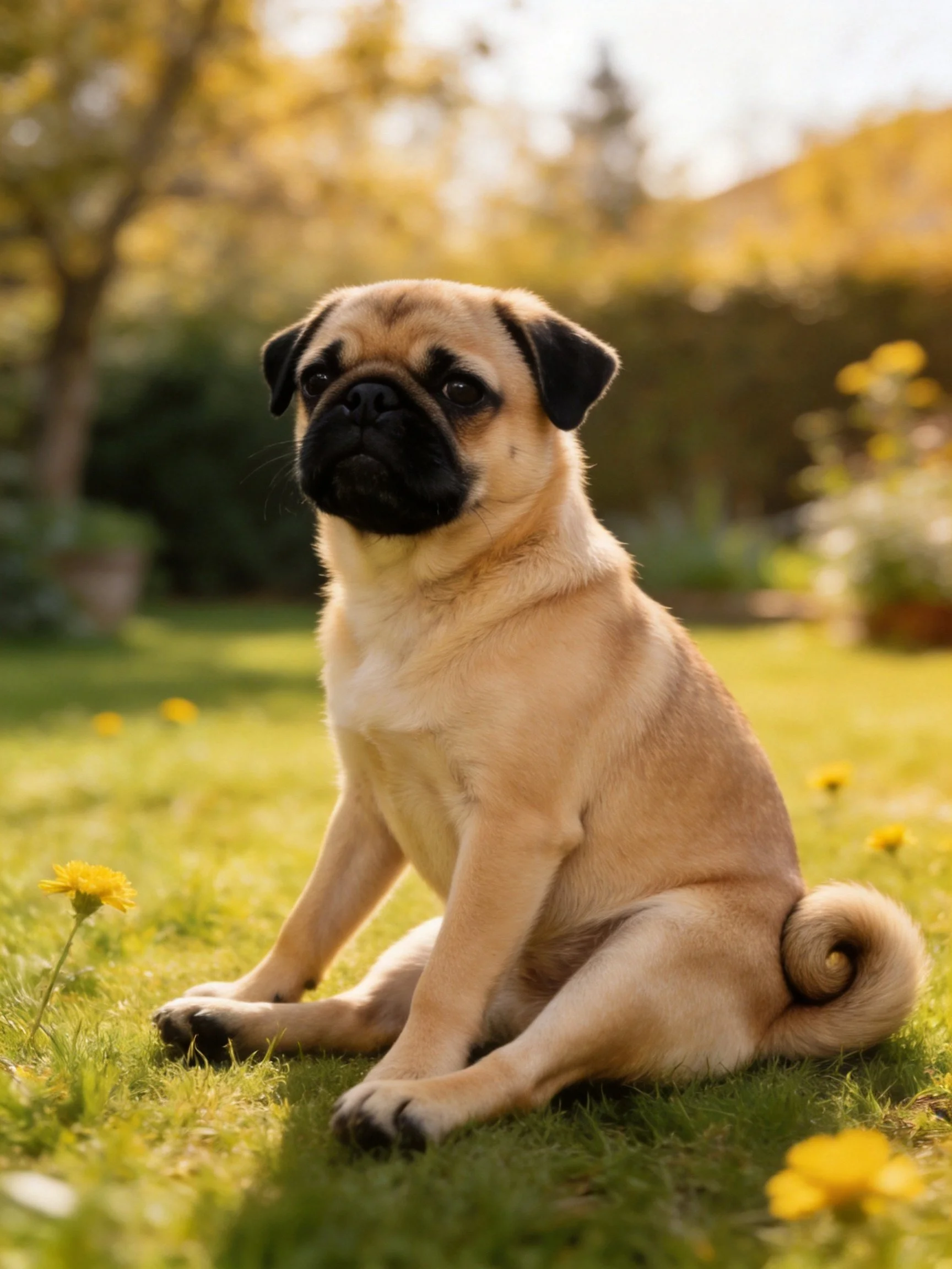 Tan pug sitting on grass amid yellow flowers
