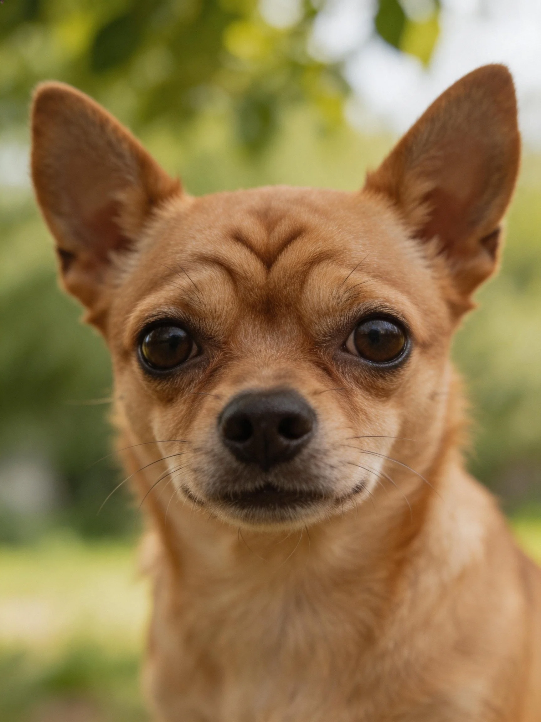 Tan small dog with upright ears and dark eyes outdoors