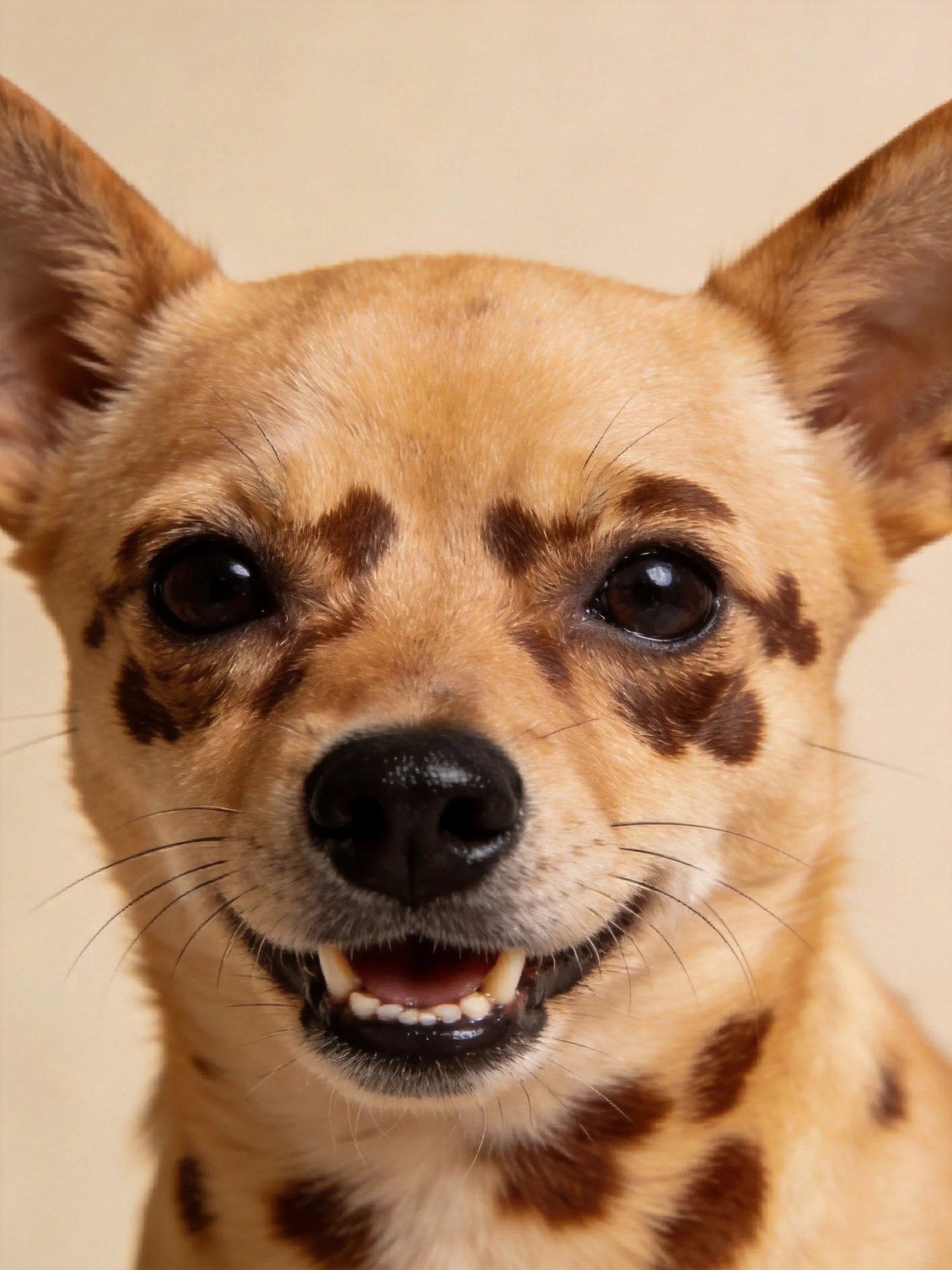 Tan-spotted dog with large ears and expressive face