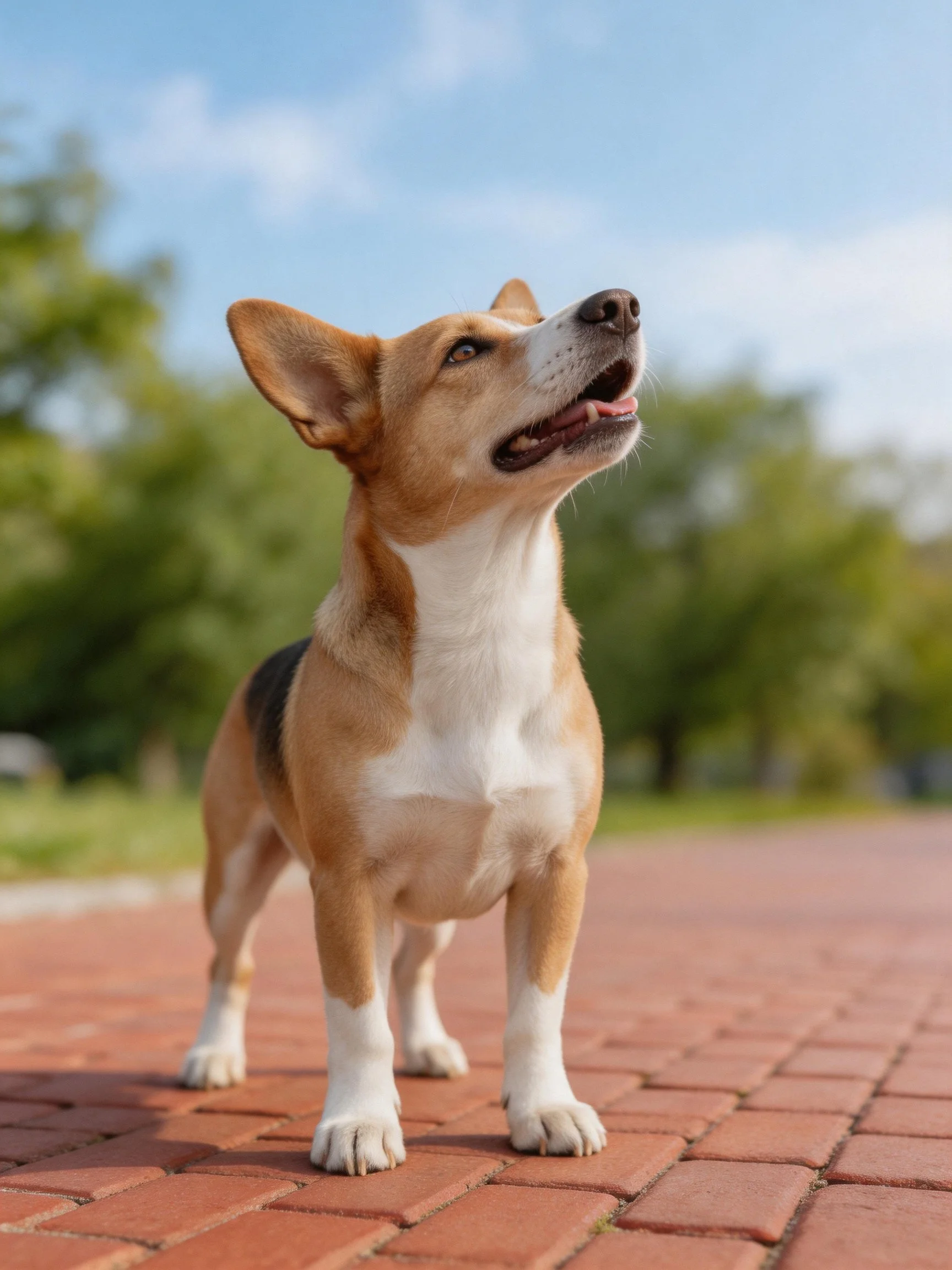 A mixed-breed dog stands alert on a brick path in an outdoor park.