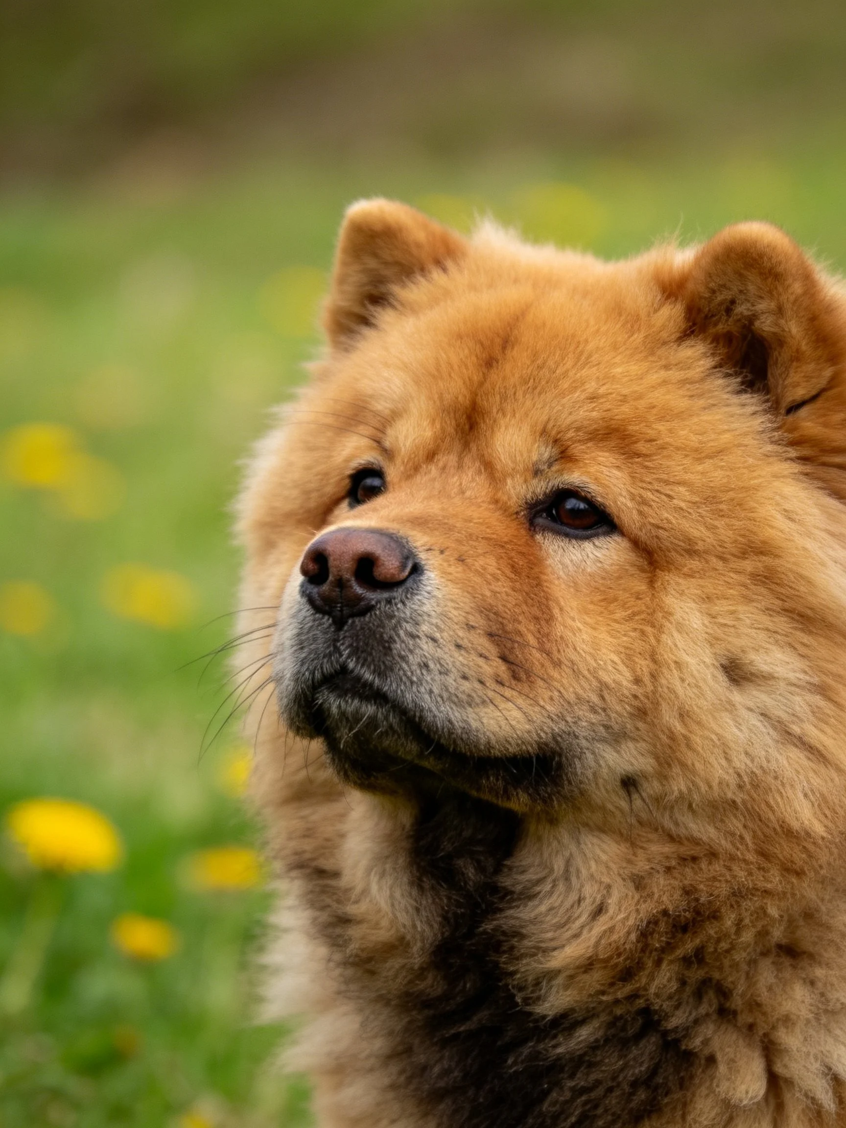 Thick-coated tan Chow in flower-speckled meadow