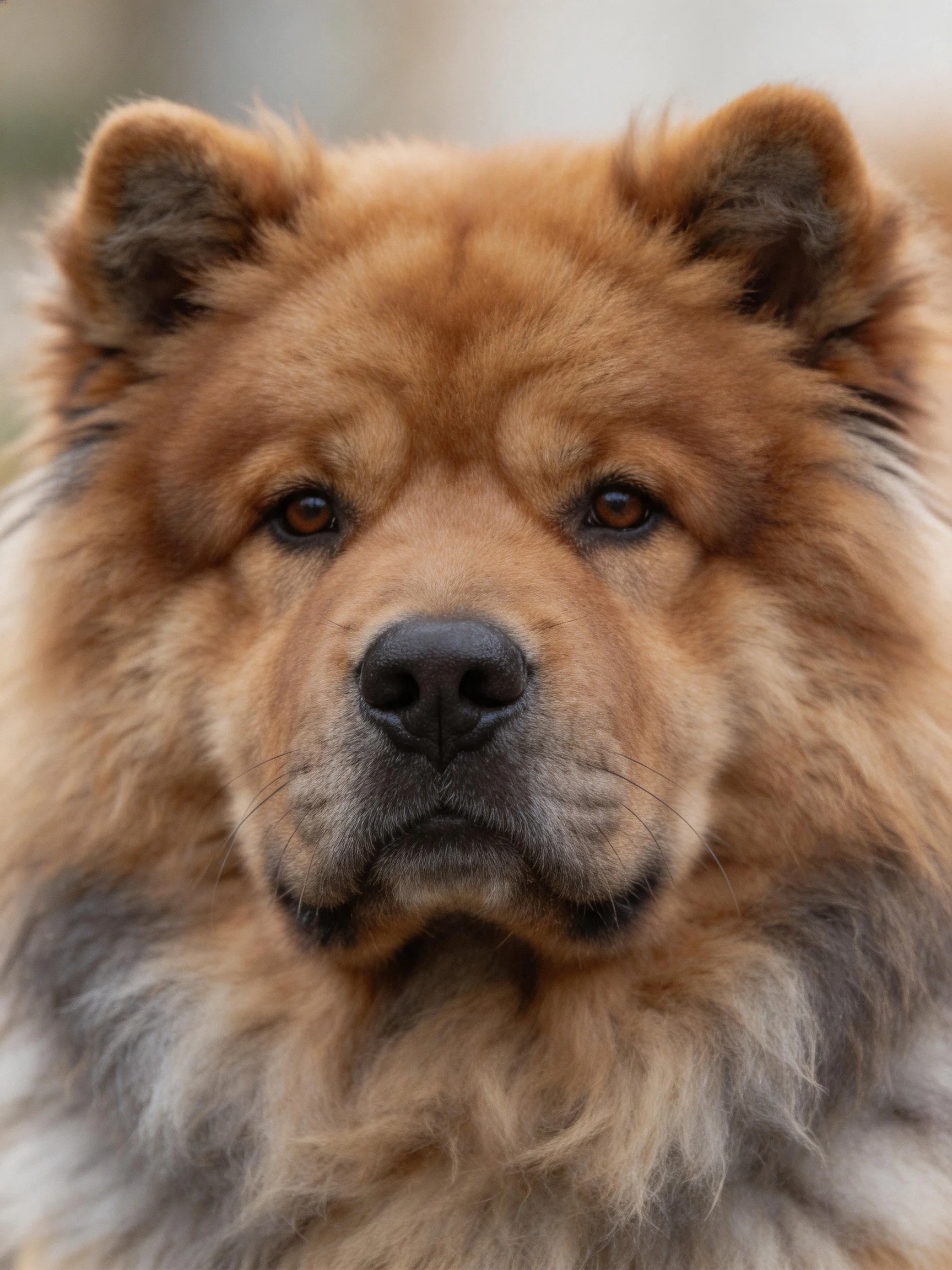 Thick-furred brown and gray Chow portrait