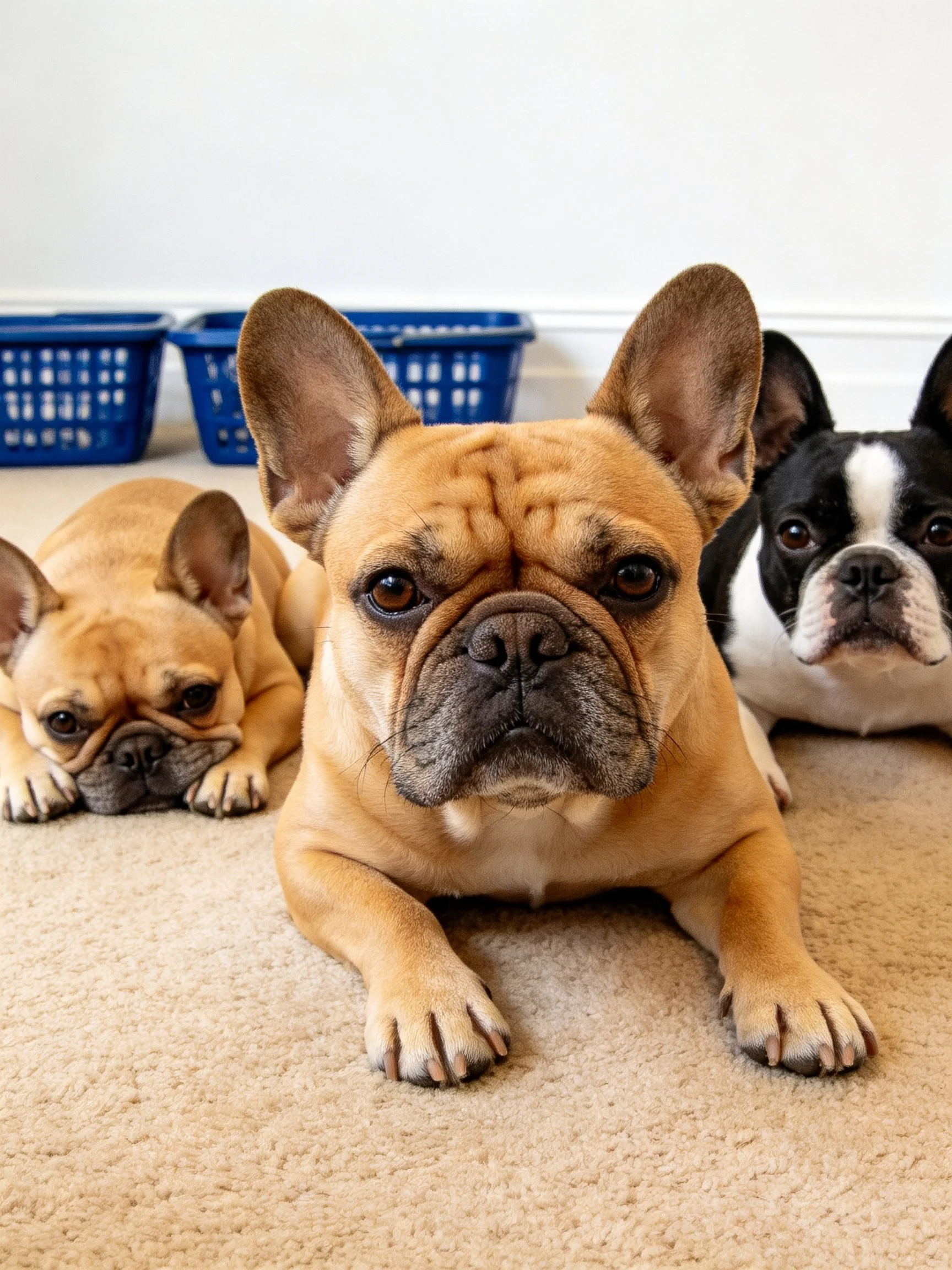 Three French Bulldogs lie calmly on a carpet with blue baskets in the background.