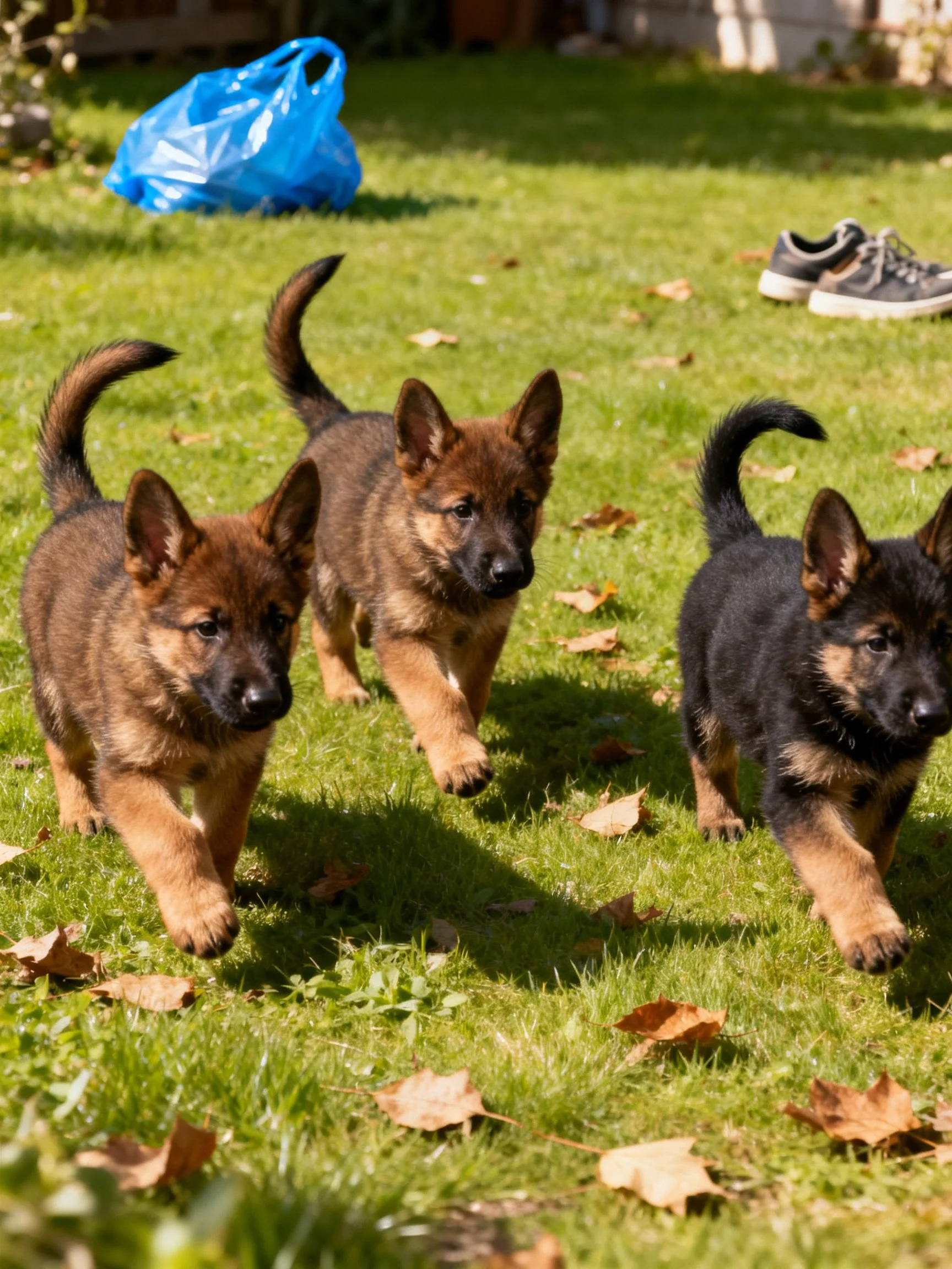 Three German Shepherd puppies run together on a grassy area with fallen leaves.
