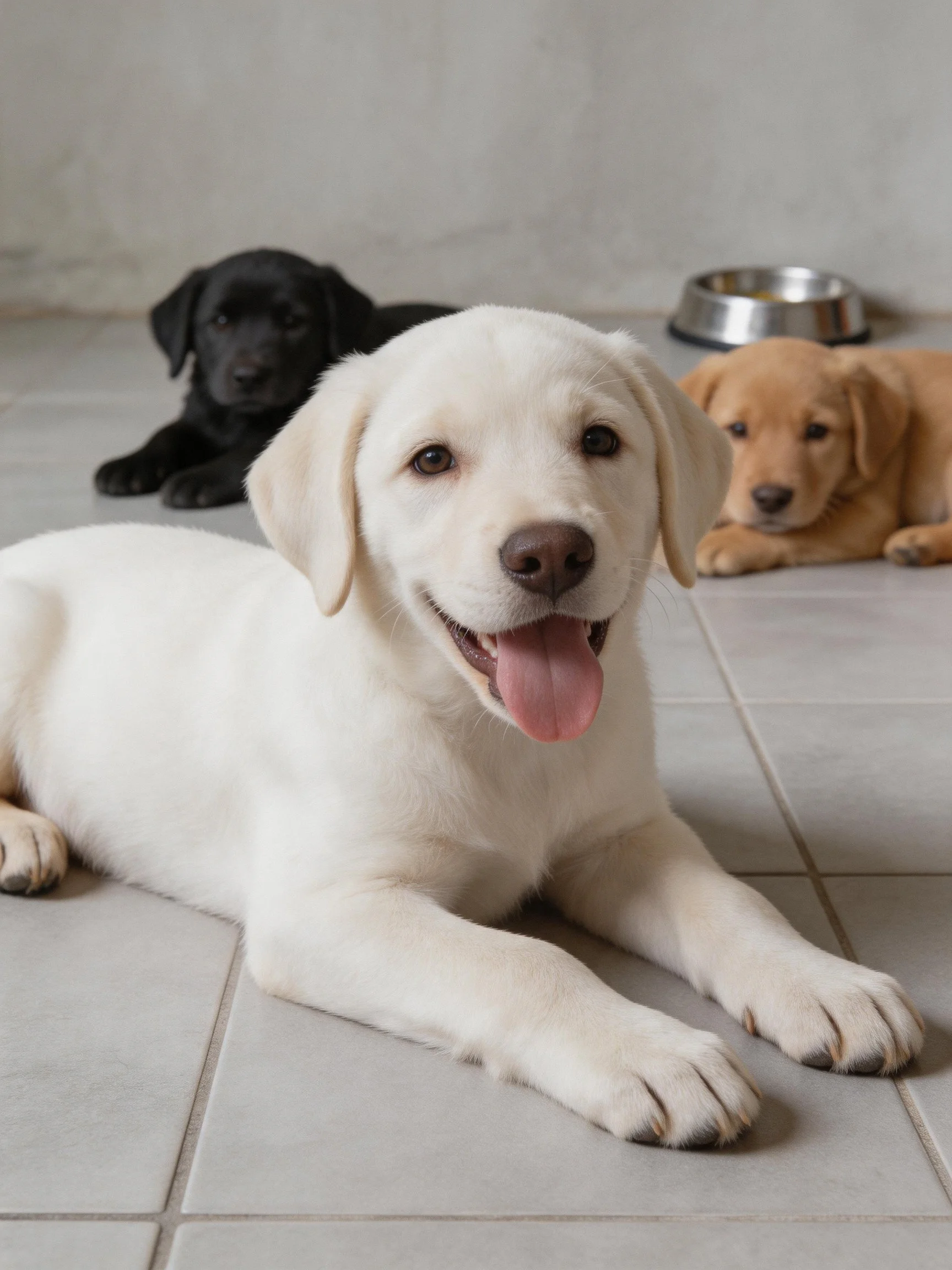 Three Labrador puppies relax together on a tiled floor beside a metal container