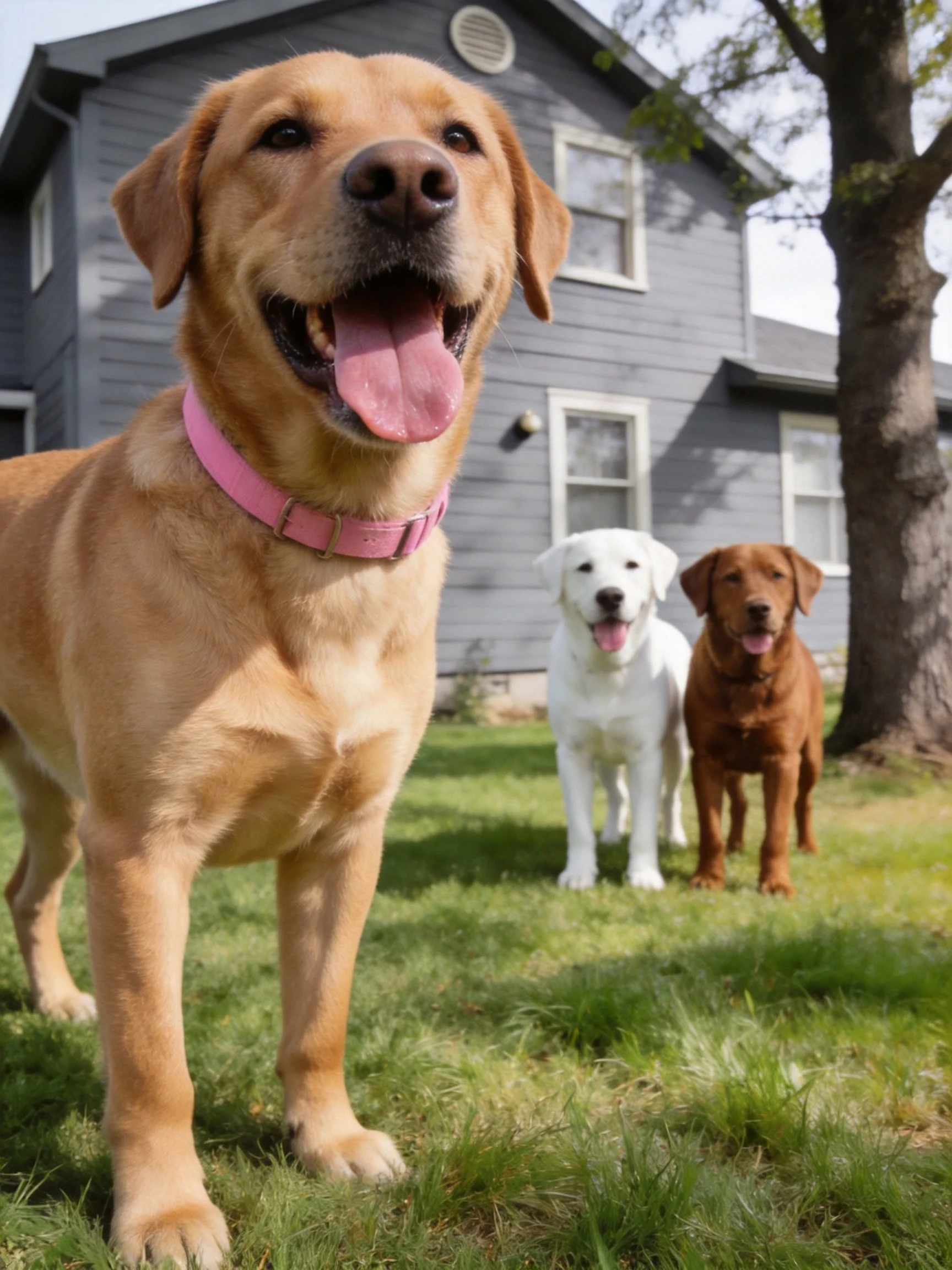 Three Labrador retrievers of tan, white, and brown stand on green grass near a gray house