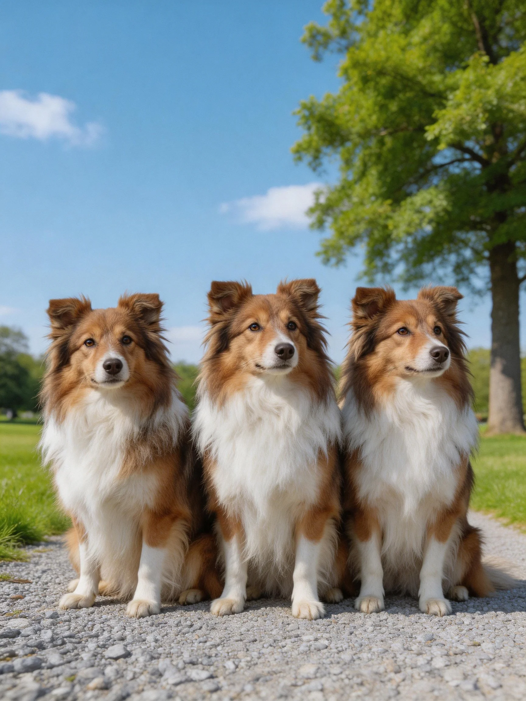 Three Sheltie dogs sit together on a gravel path near greenery