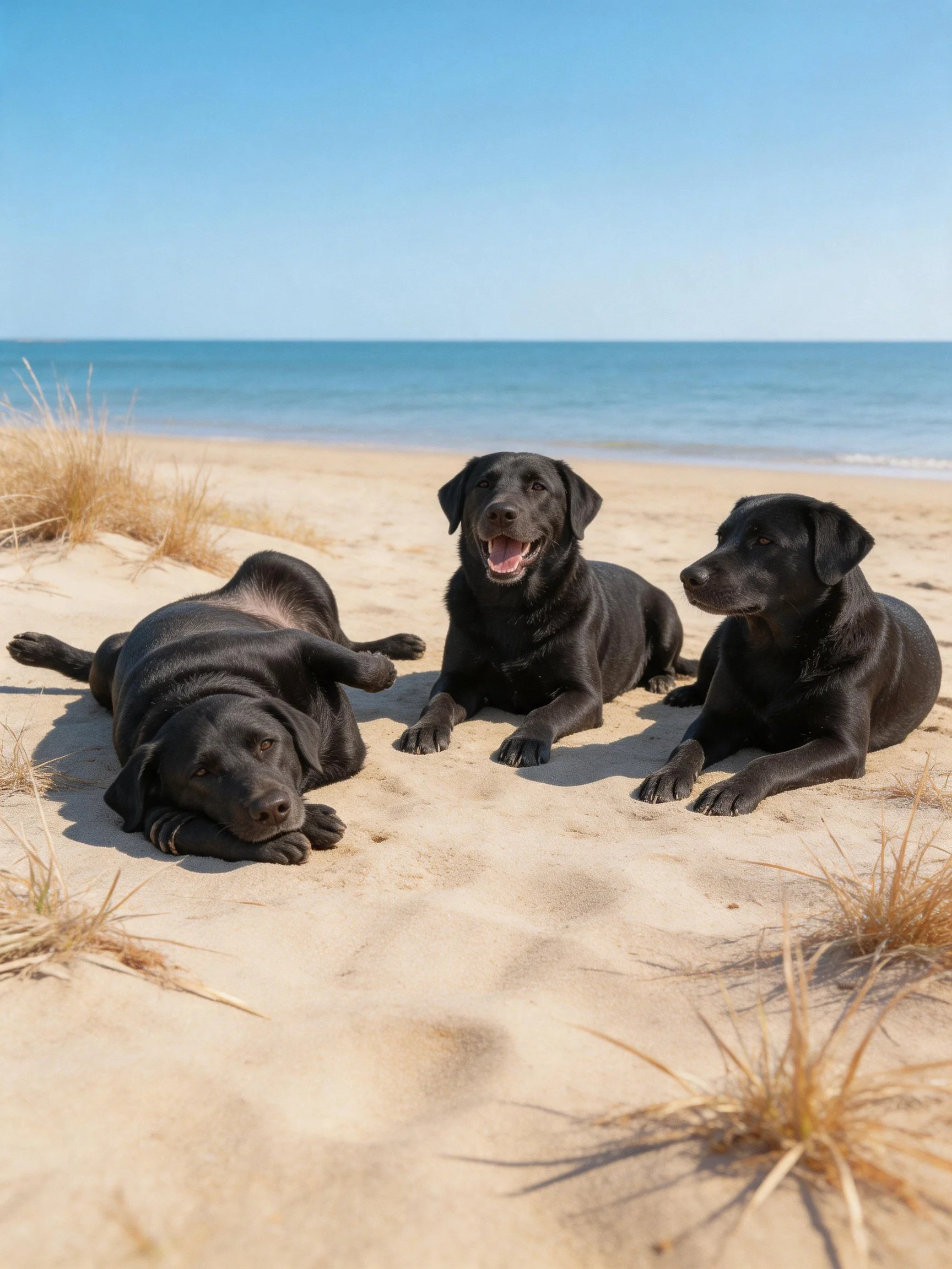 Three black Labradors rest on a sandy beach near the ocean