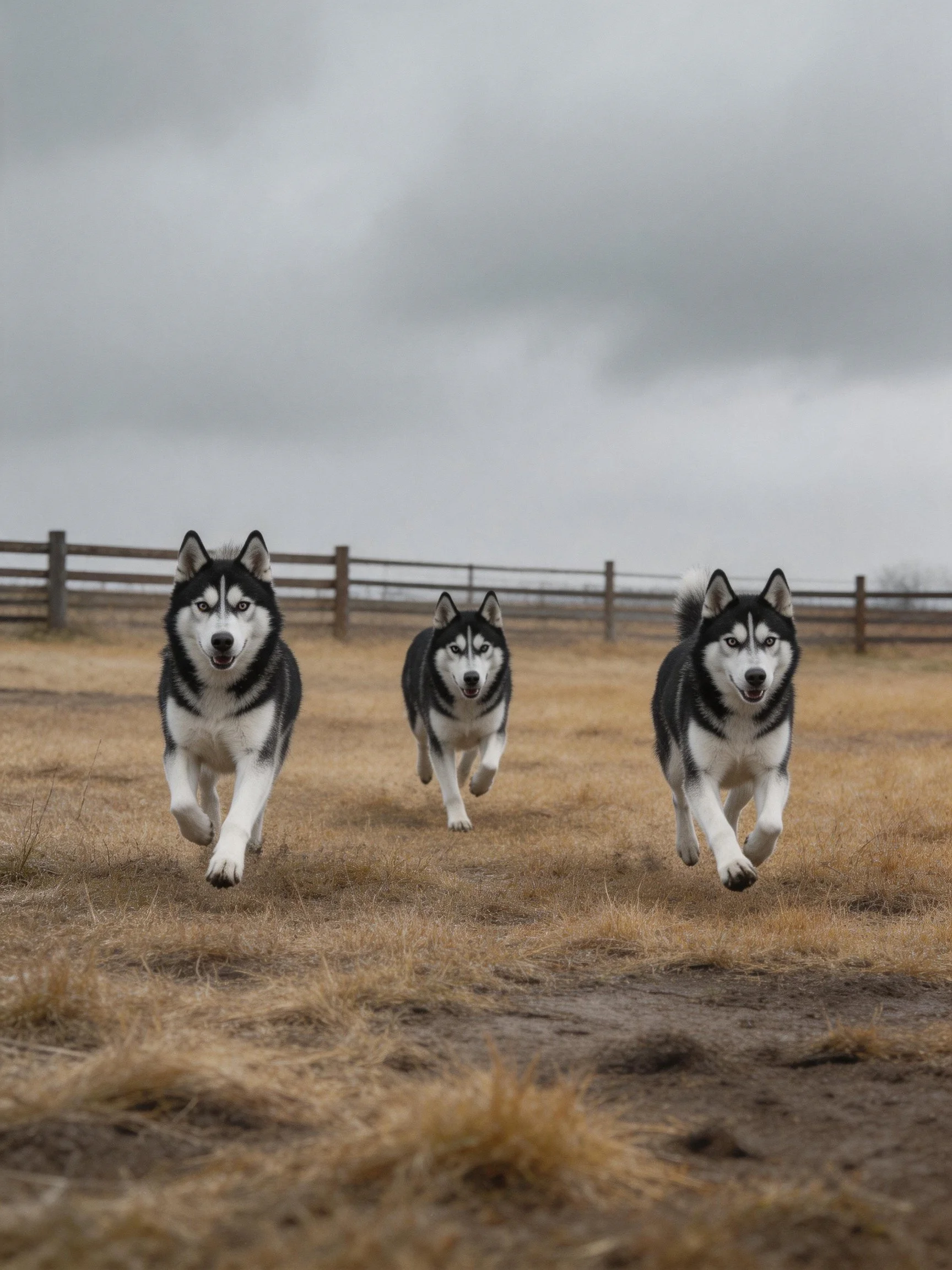 Three black - and - white huskies run across dry grass near wooden fence