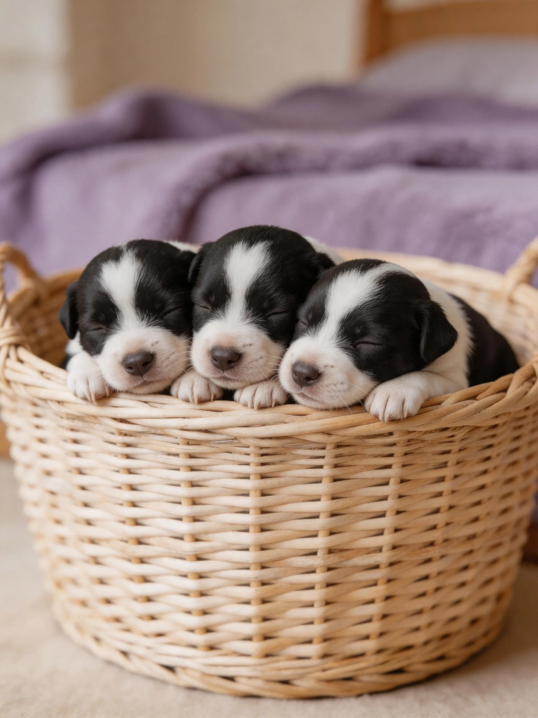 Three small dogs sleep together in a wicker basket near a purple blanket