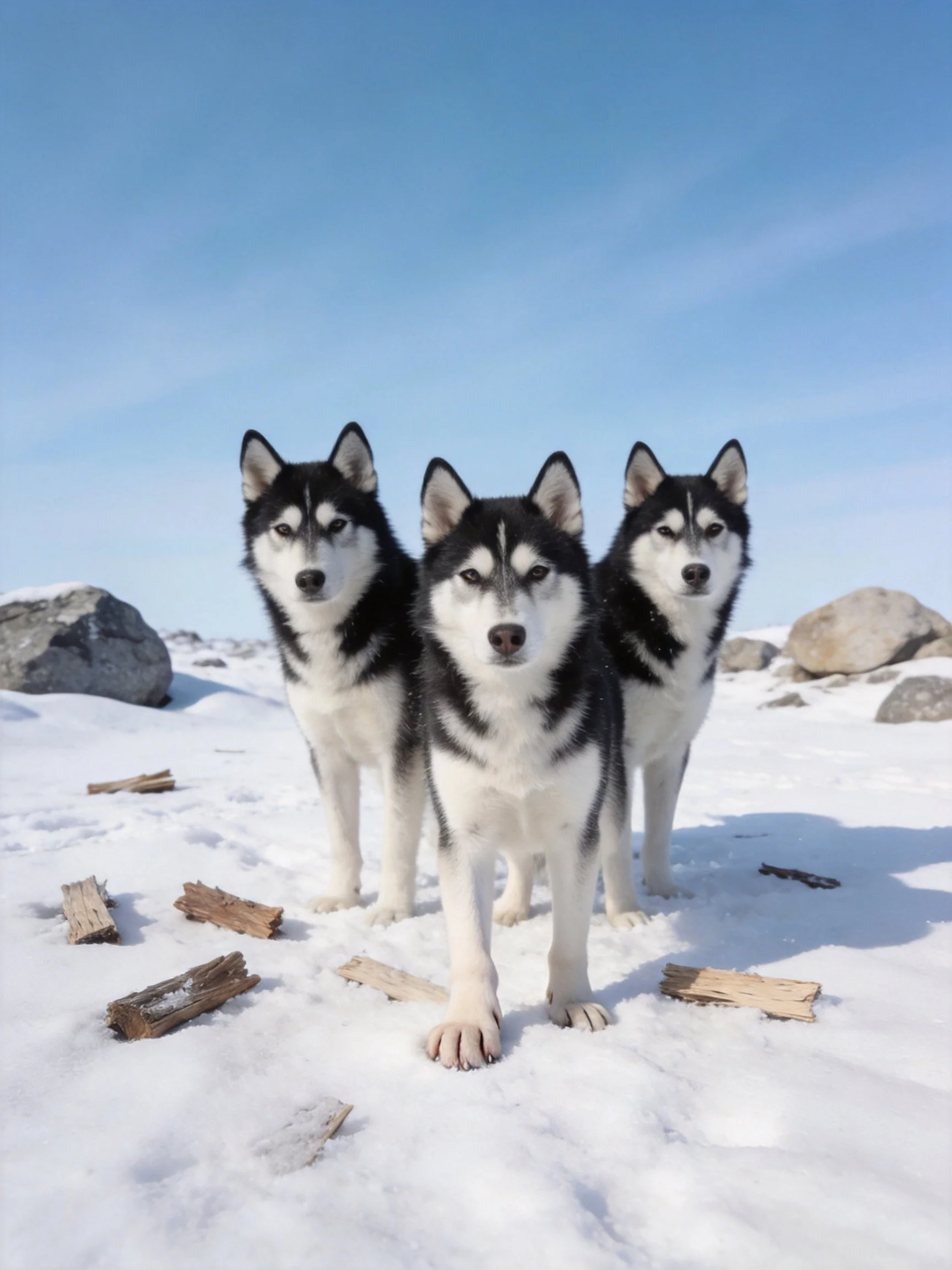 Three black-and-white sled dogs on snowy terrain