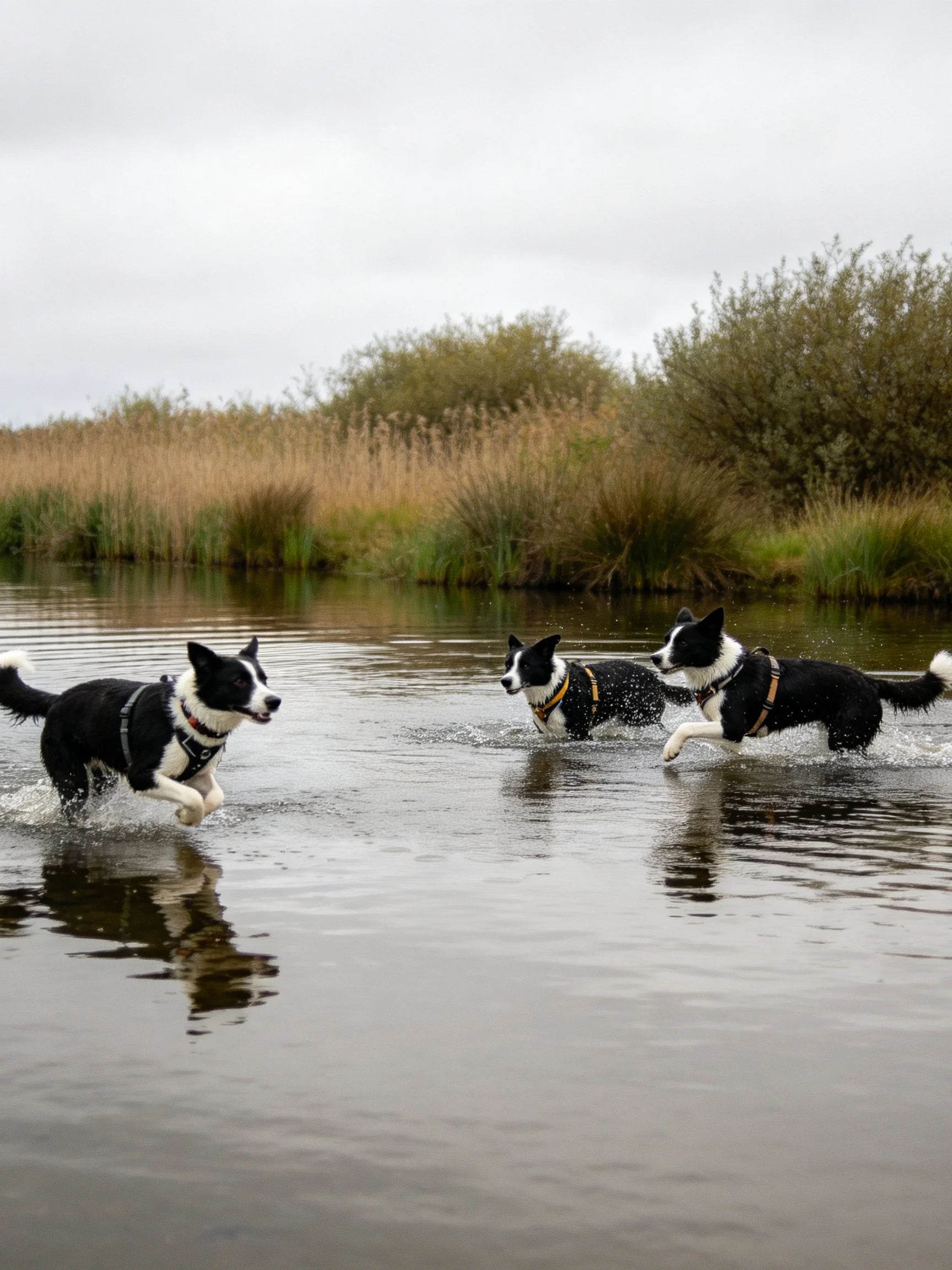 Three black - white dogs run through shallow water among vegetation.