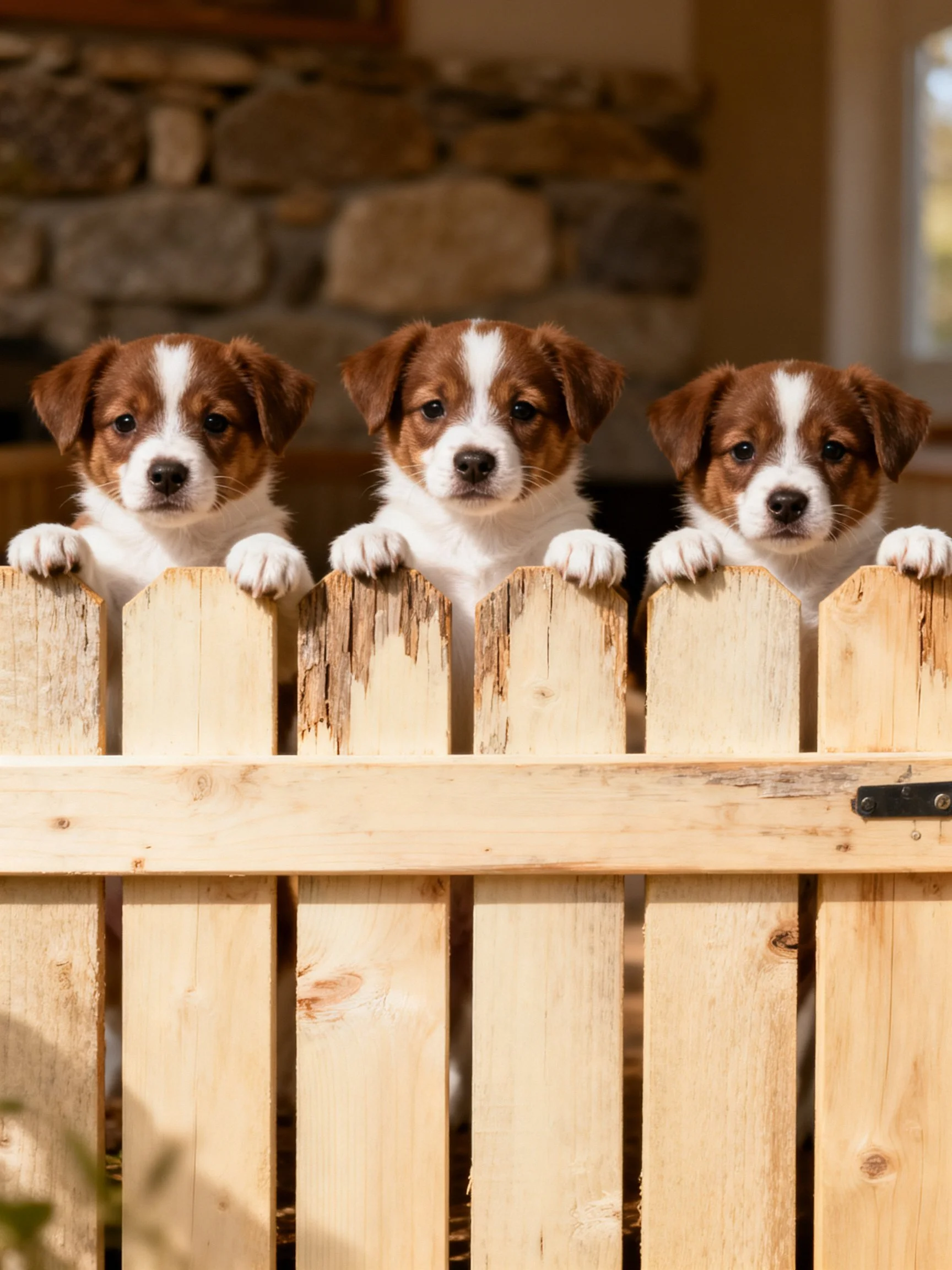 Three brown-and-white puppies gaze from behind a wooden fence.
