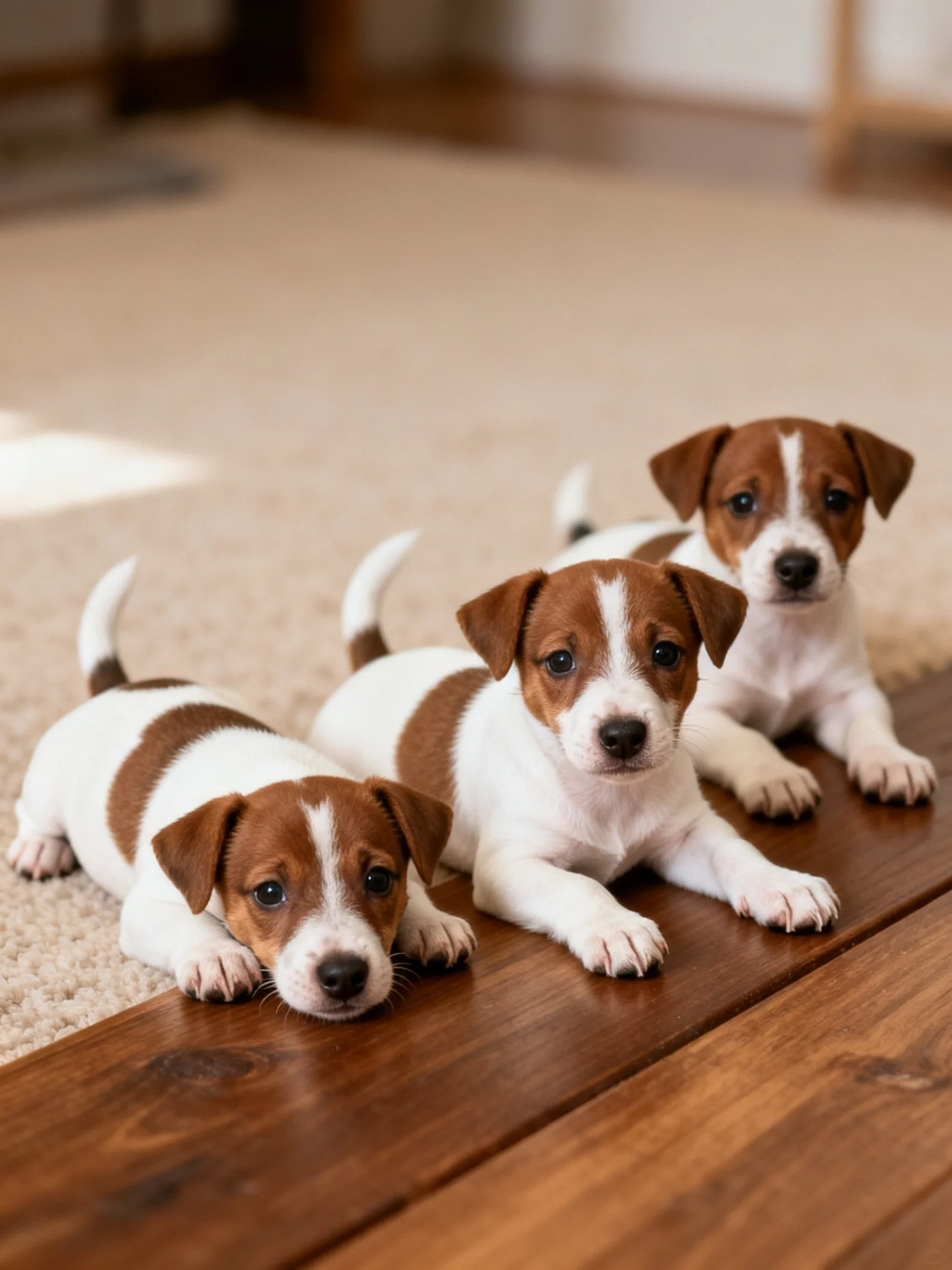 Three small brown and white puppies lie beside a wooden floor and carpet.