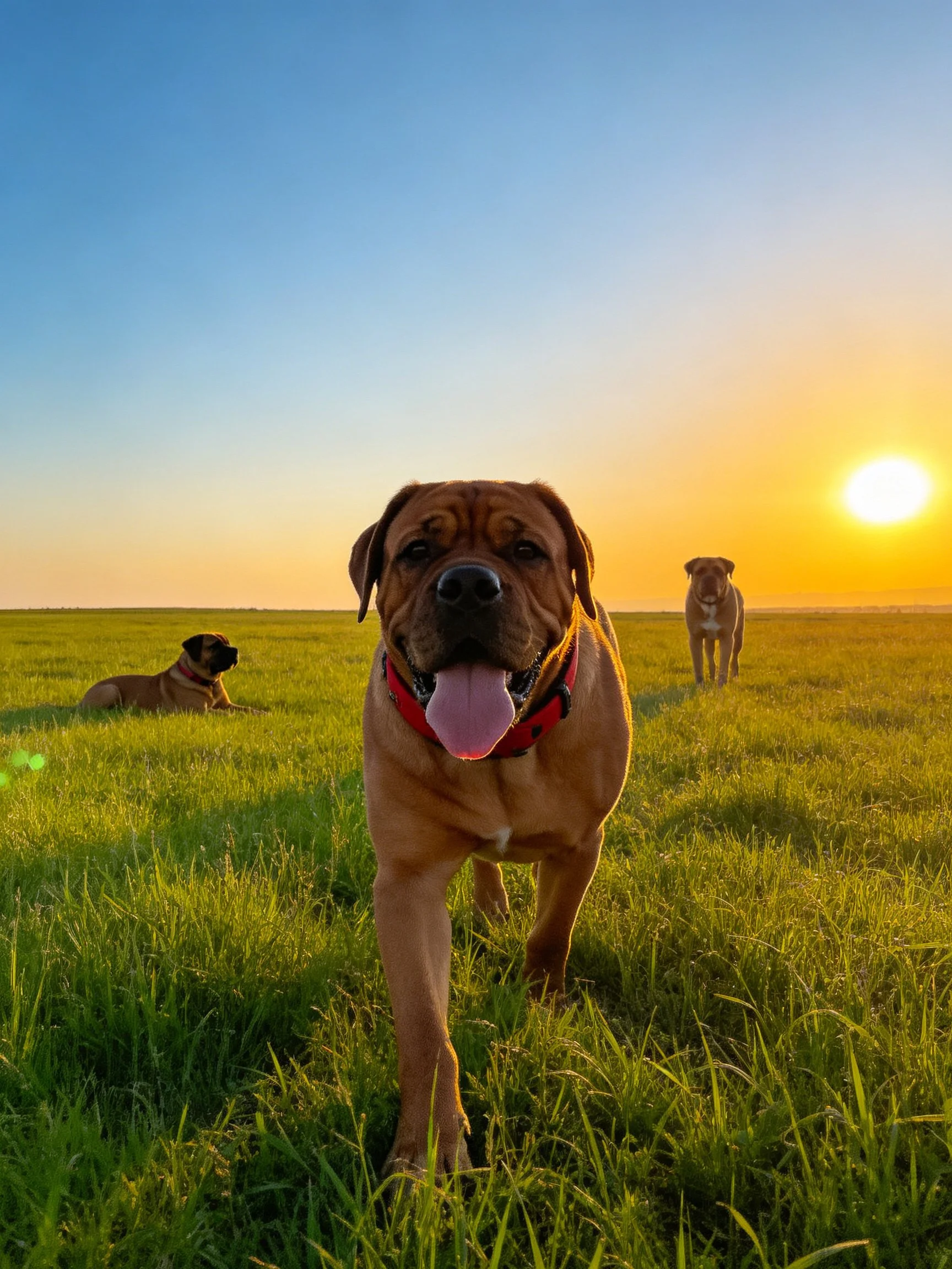 Three brown dogs are in a green meadow as the sun sets.