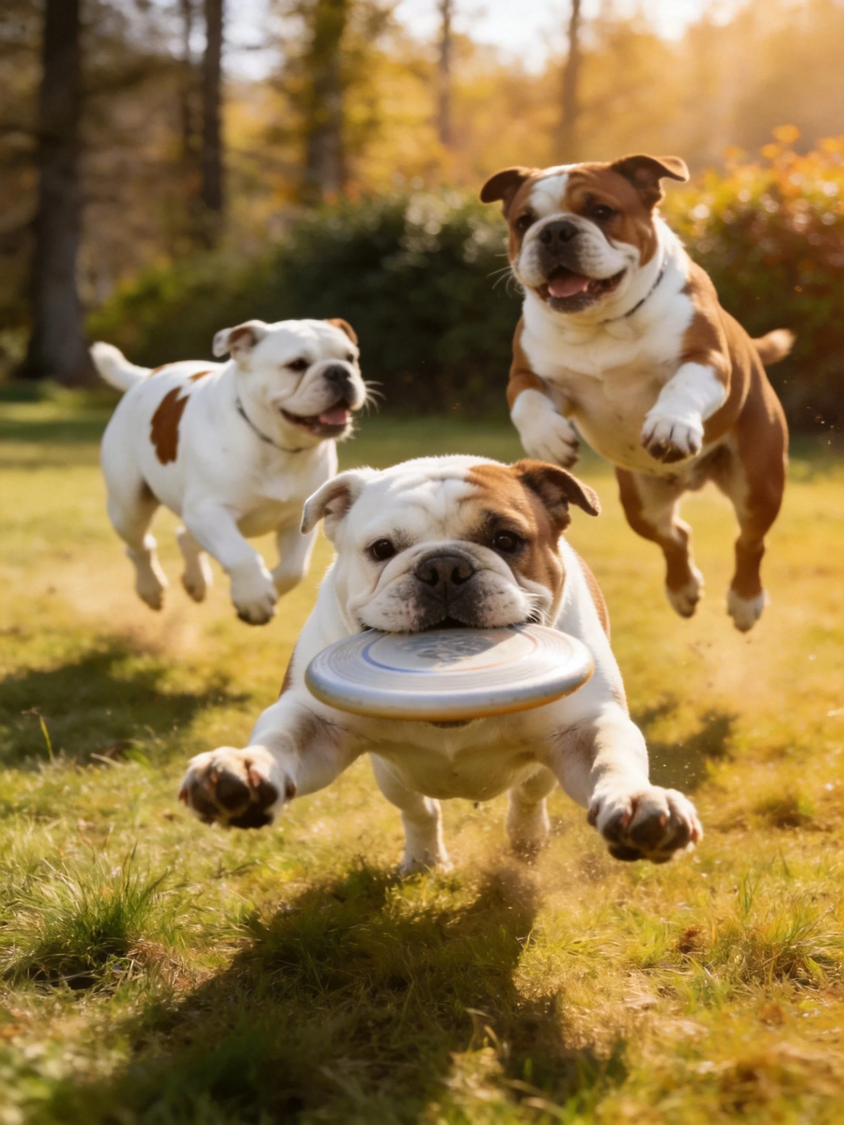 Three bulldogs chase a frisbee in a sunlit park
