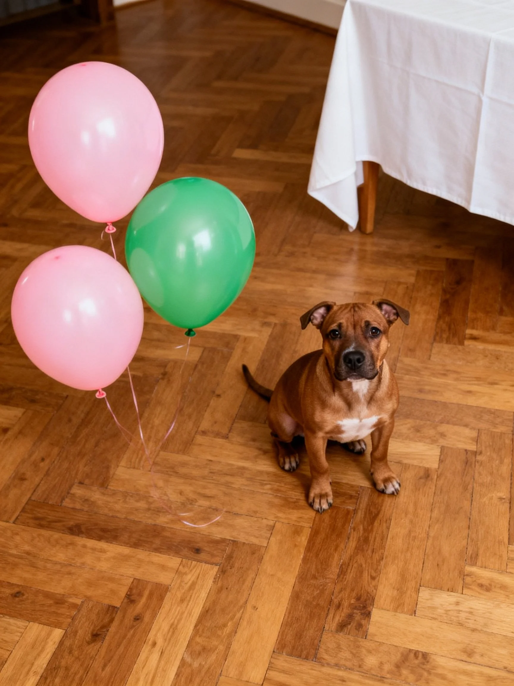 A brown dog sits beside colorful balloons on a wooden floor.