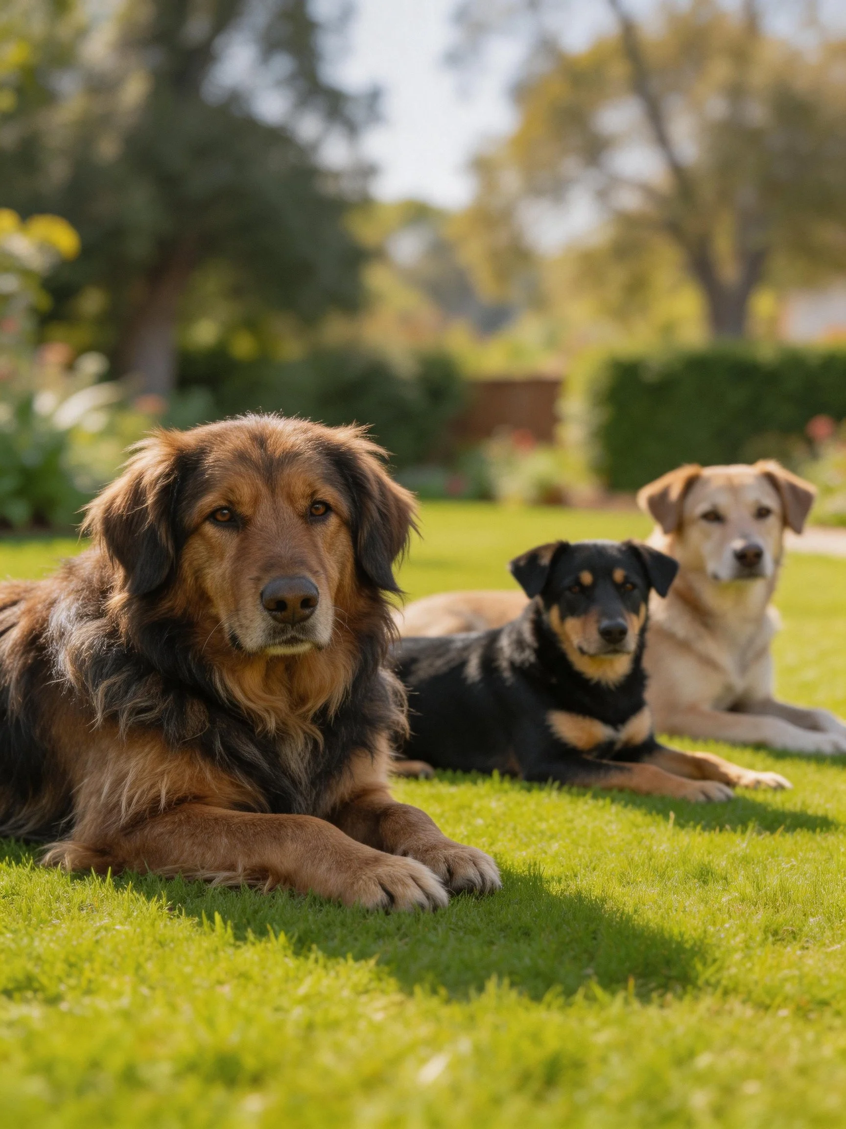 Three dogs of varied breeds relax together on a well-kept lawn under bright daylight.