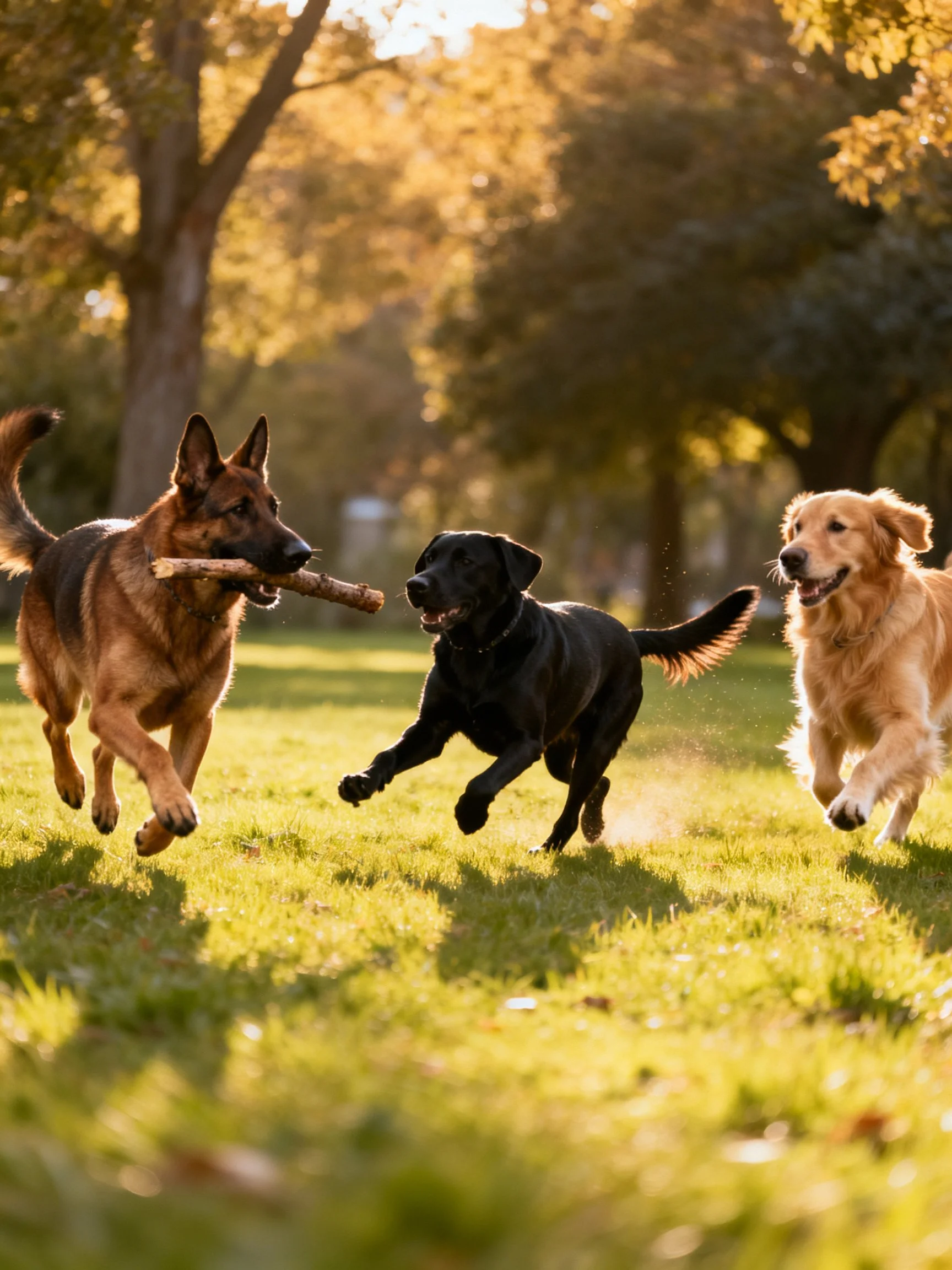 Three diverse dogs run with toys in a sun-drenched park