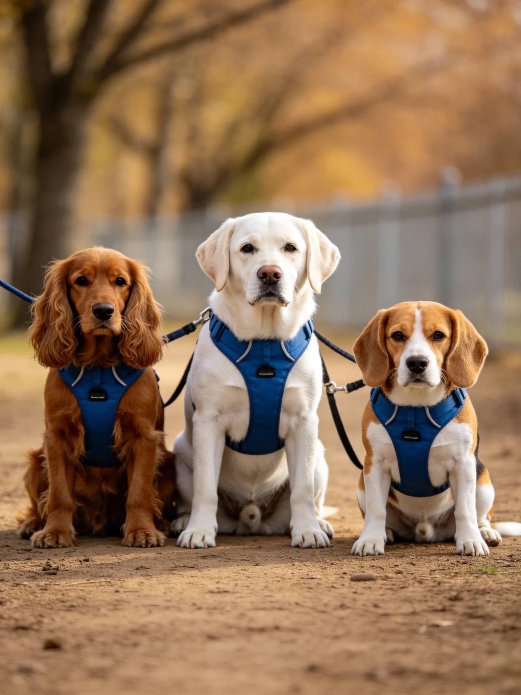 Three dogs with blue harnesses sit side by side outdoors