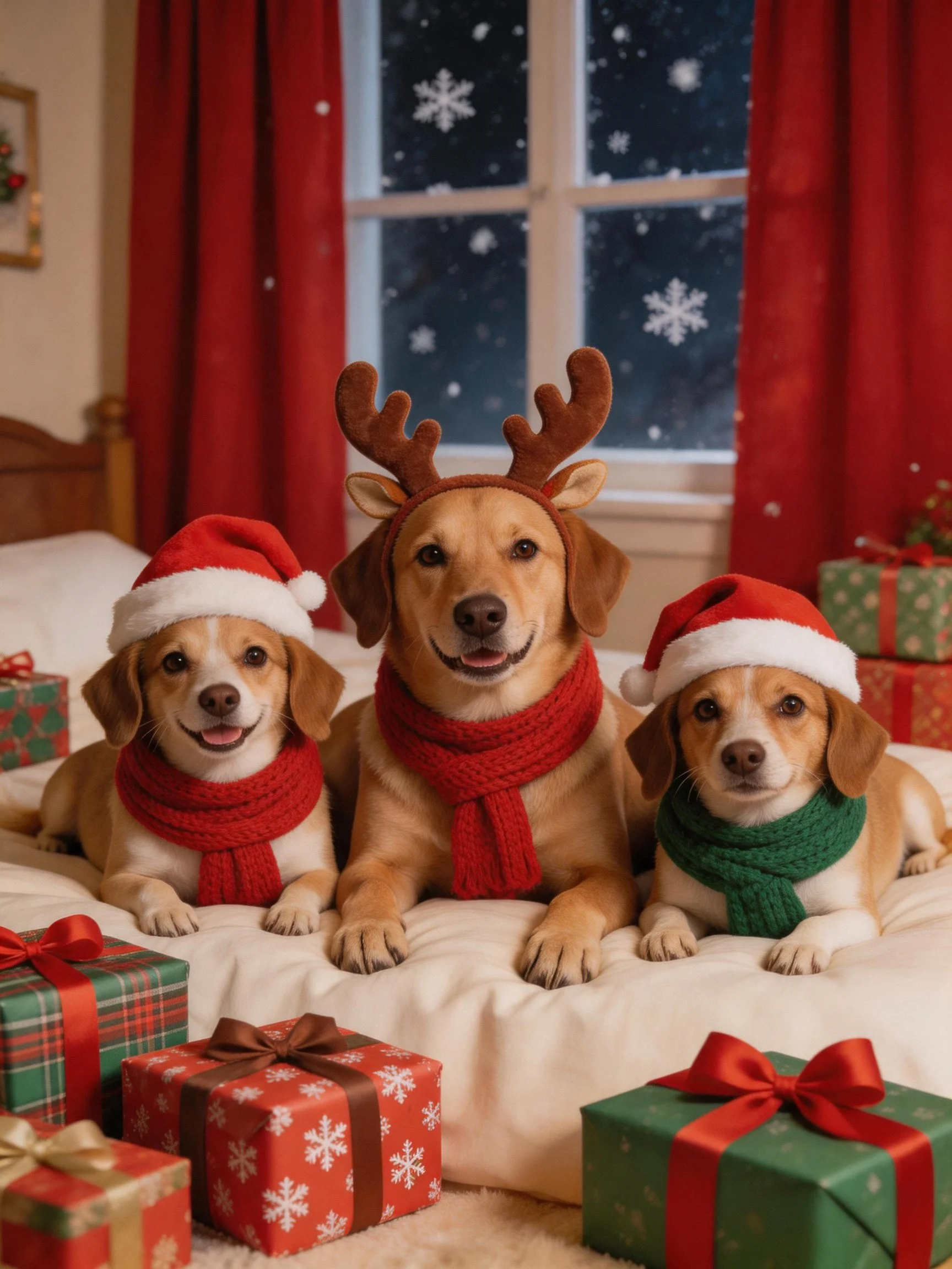 Three dogs wearing holiday accessories relax on a bed amid wrapped gifts beside a snowy window.