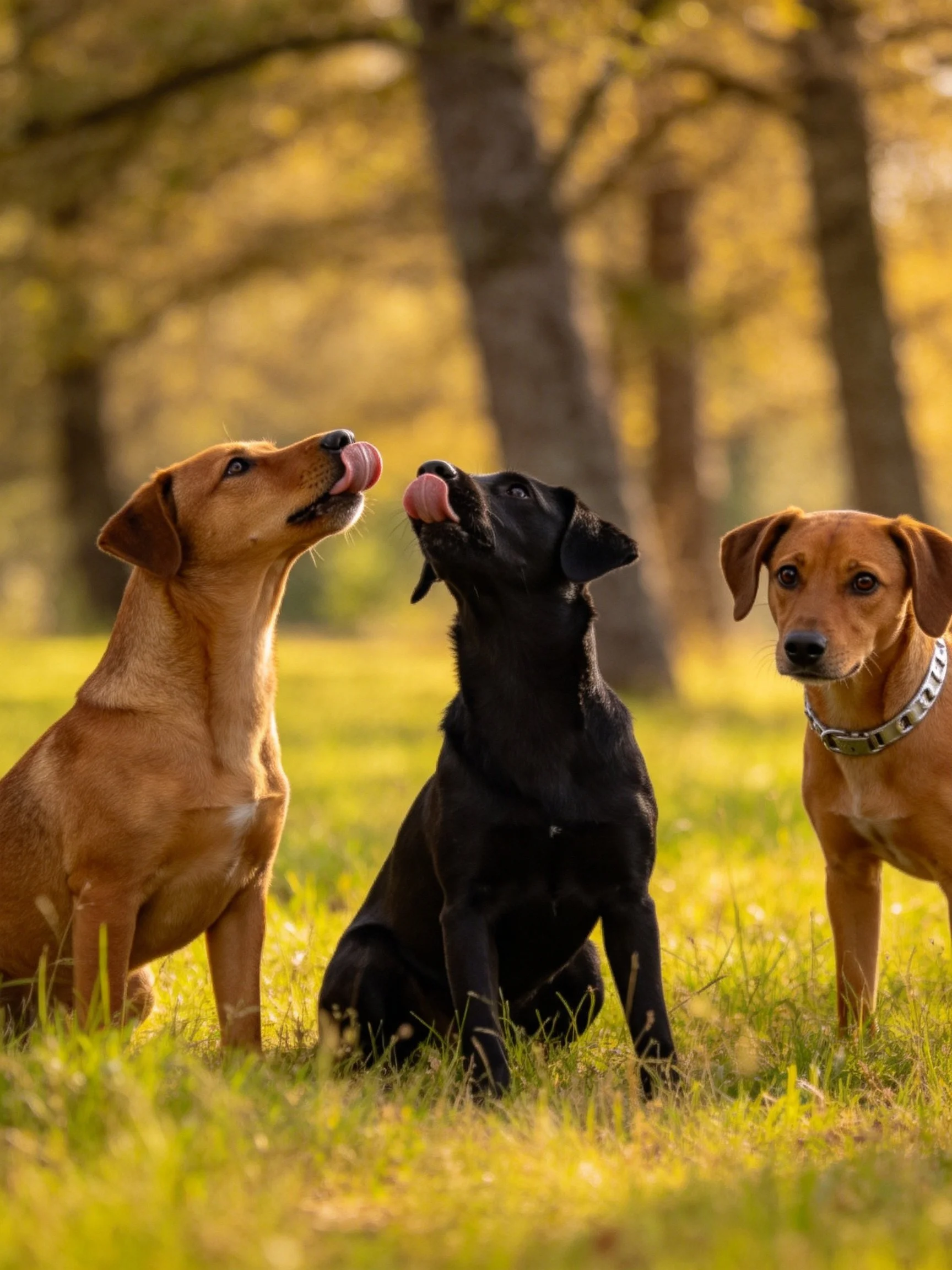 Three dogs interact near trees in a sunlit grassy area.