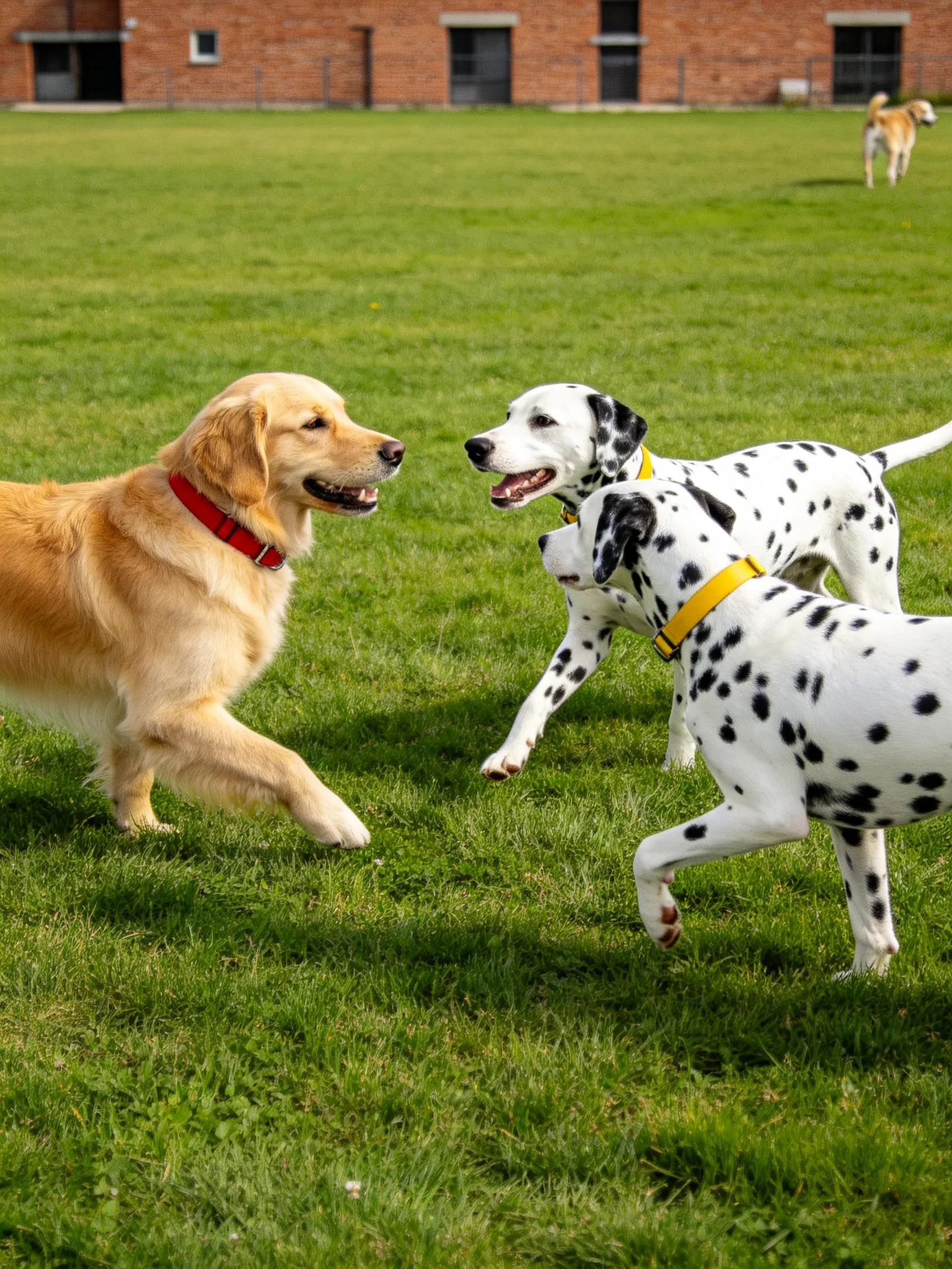 A golden retriever and two Dalmatians play together on a grassy area.