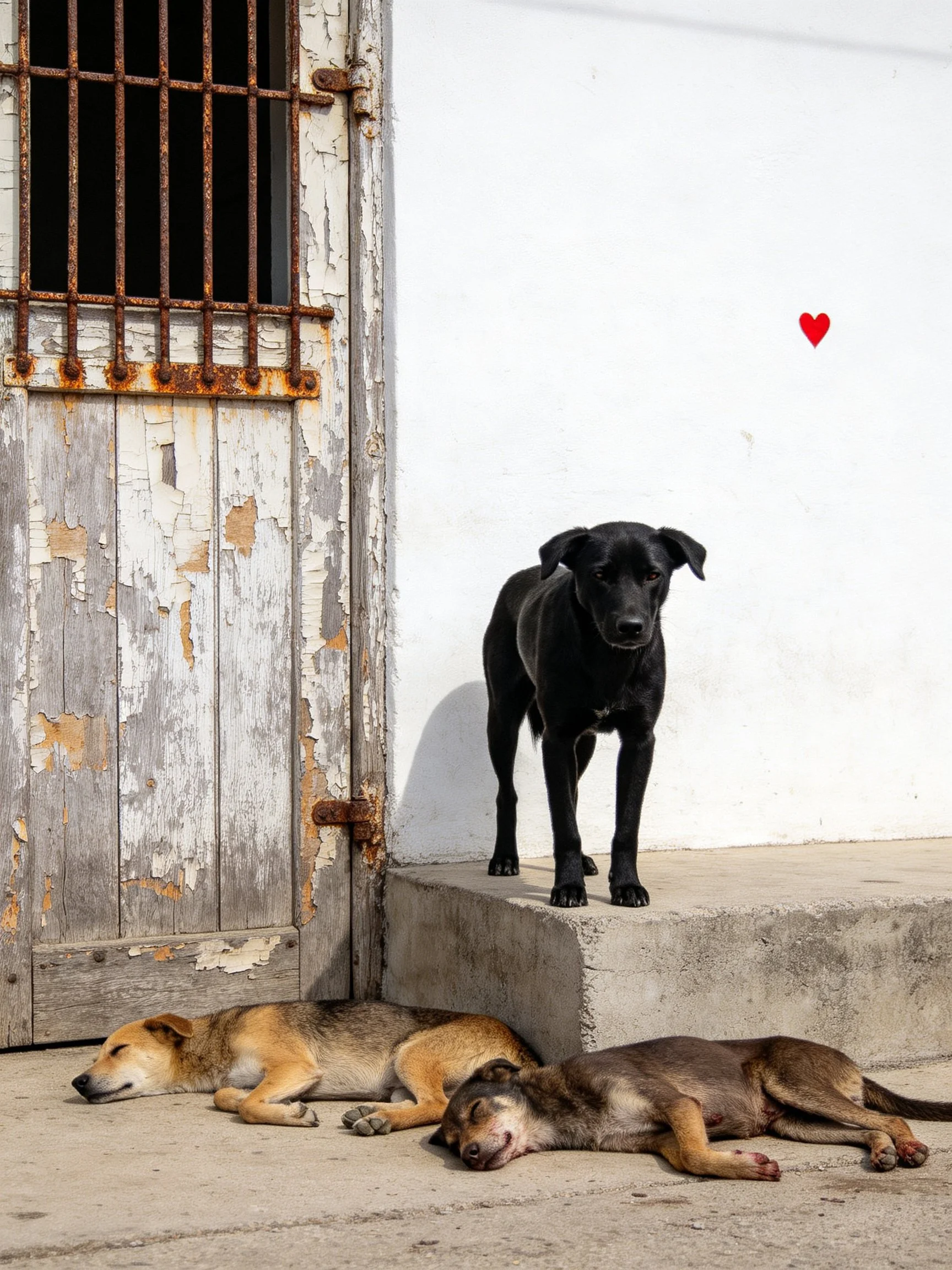 Three dogs rest near an old door, one black dog stands nearby.
