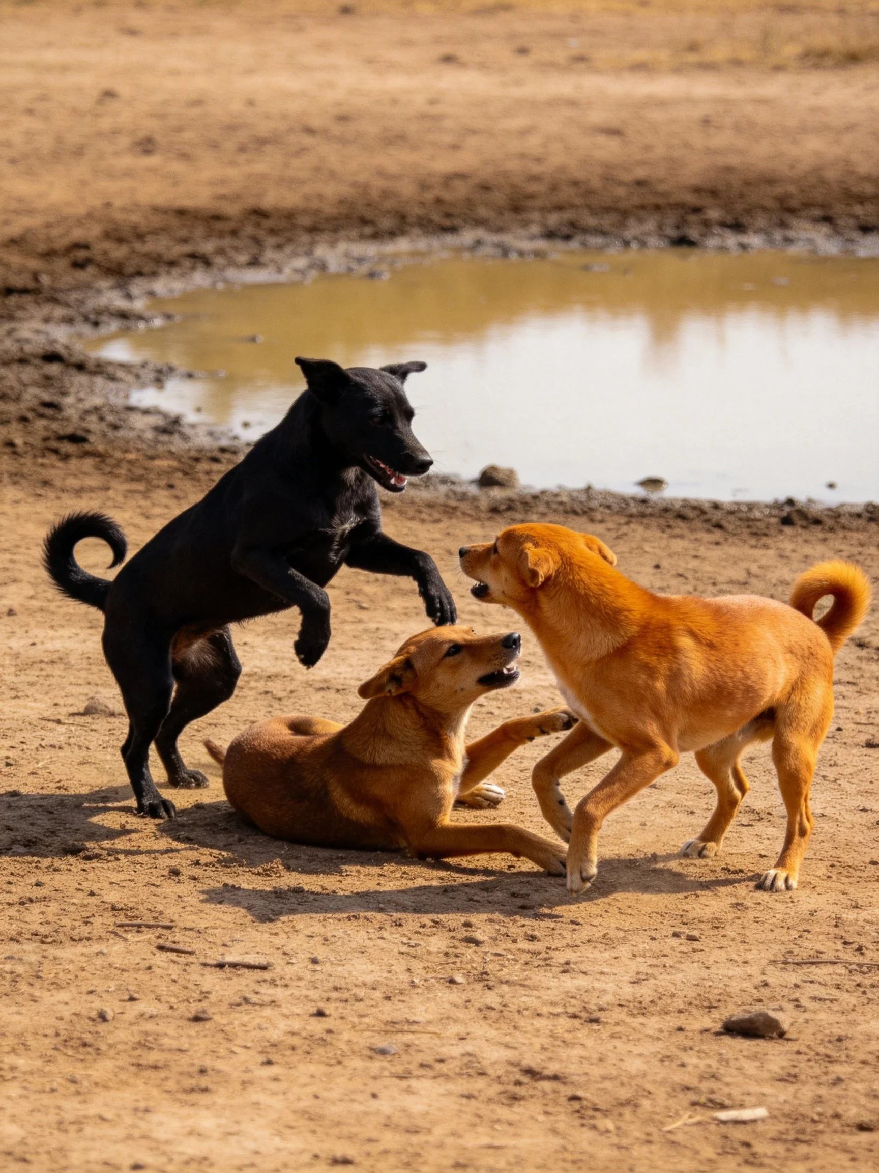 Three dogs interact playfully close to a muddy puddle