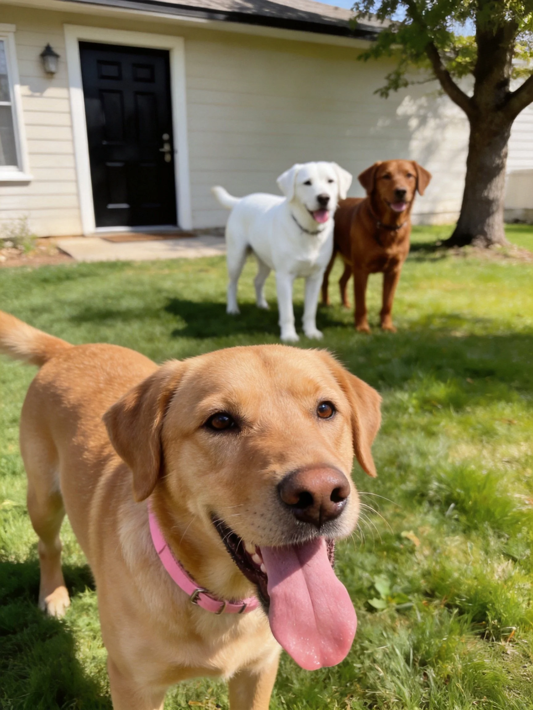 Three dogs of different colors near a house on green grass