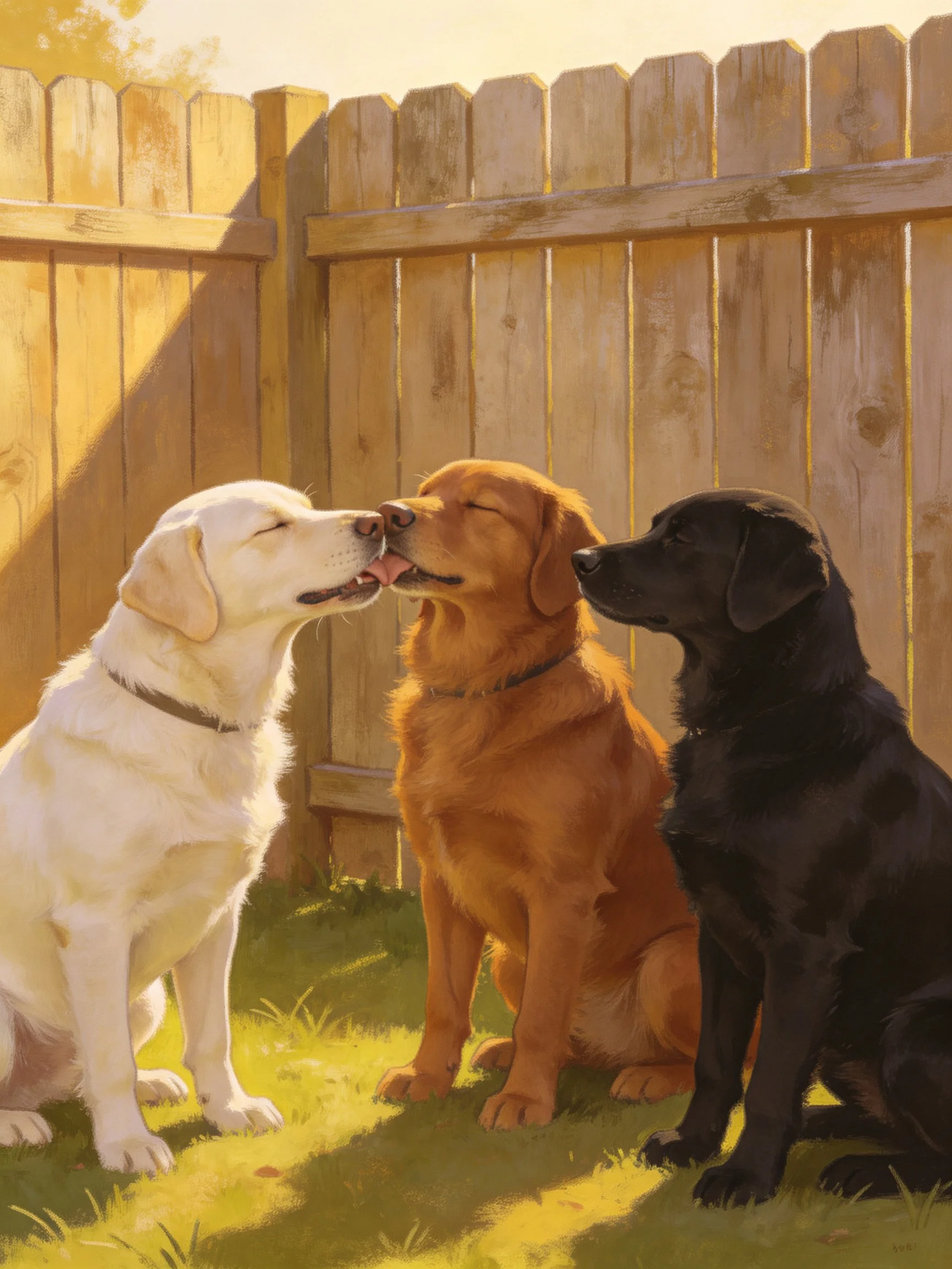 Three dogs of different colors gather near a wooden fence in bright daylight.