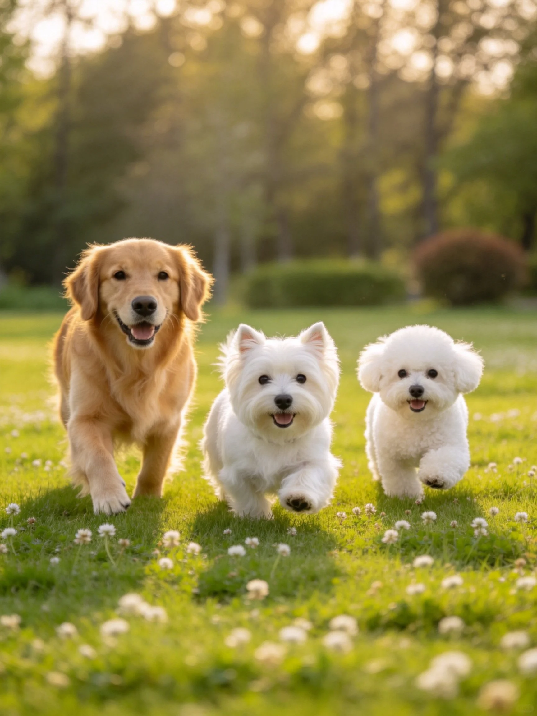 Three dogs of different breeds run joyfully on a sunlit grassy area.