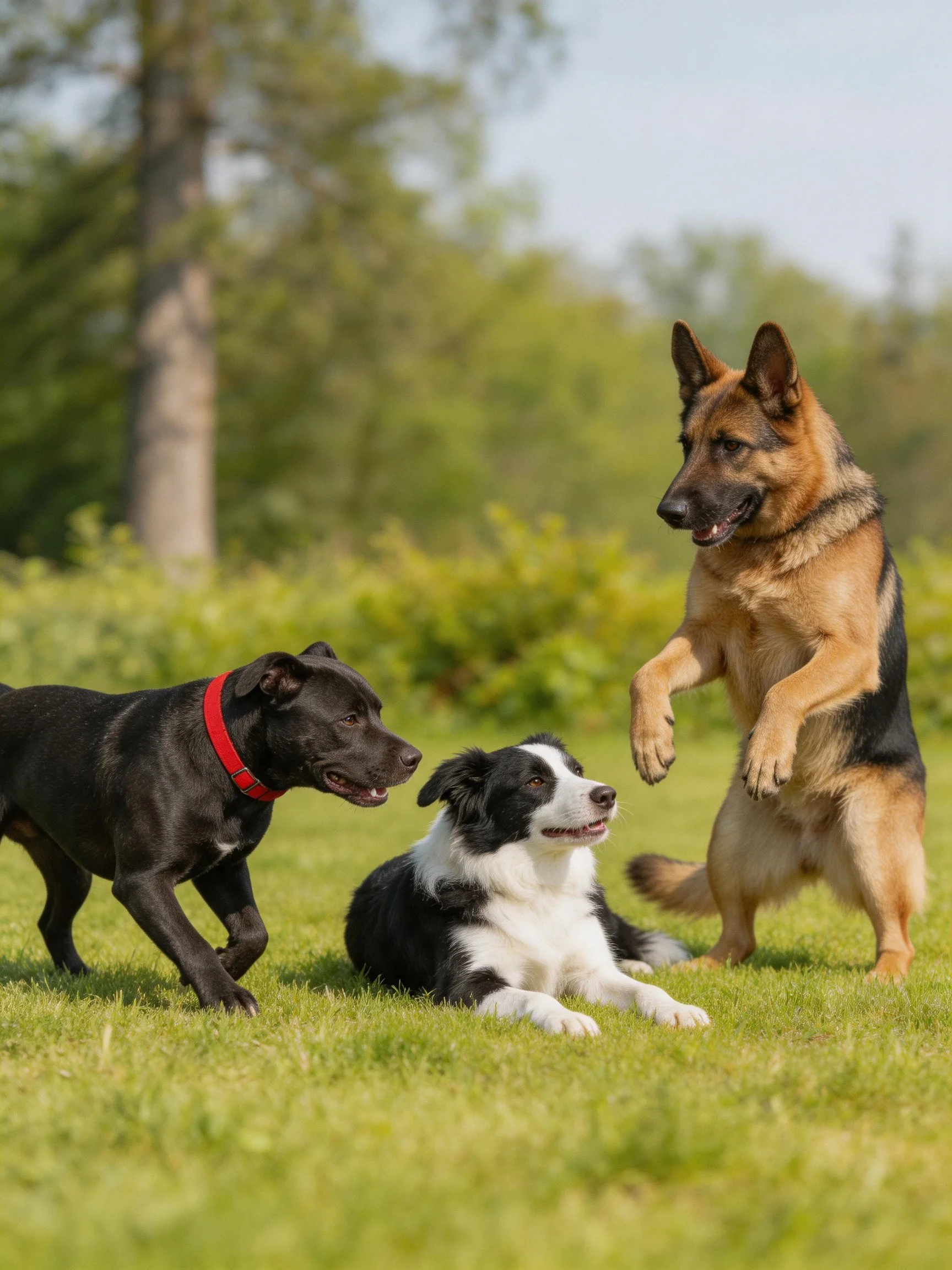 Three dogs interact playfully in a sunlit grassy area.