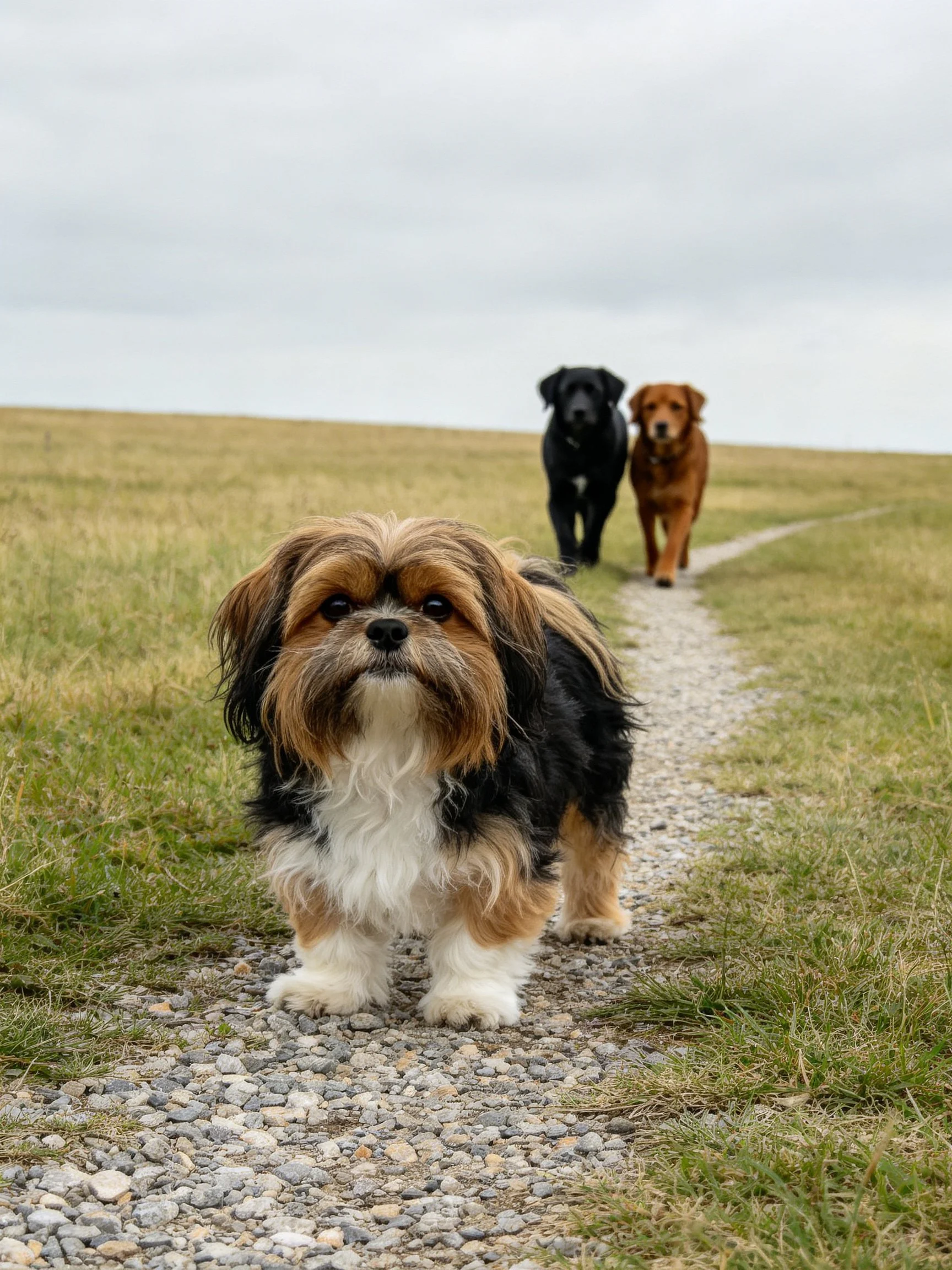 Three dogs stroll along a gravel path through an open grassy area
