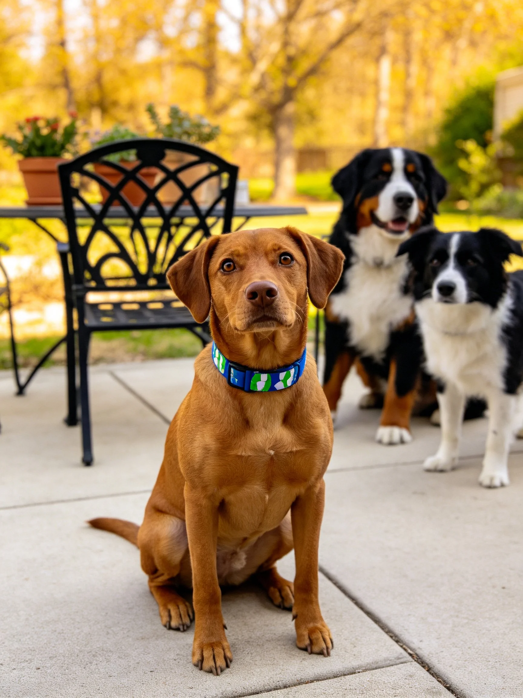 Three dogs gather near patio furniture in a sunlit outdoor space.