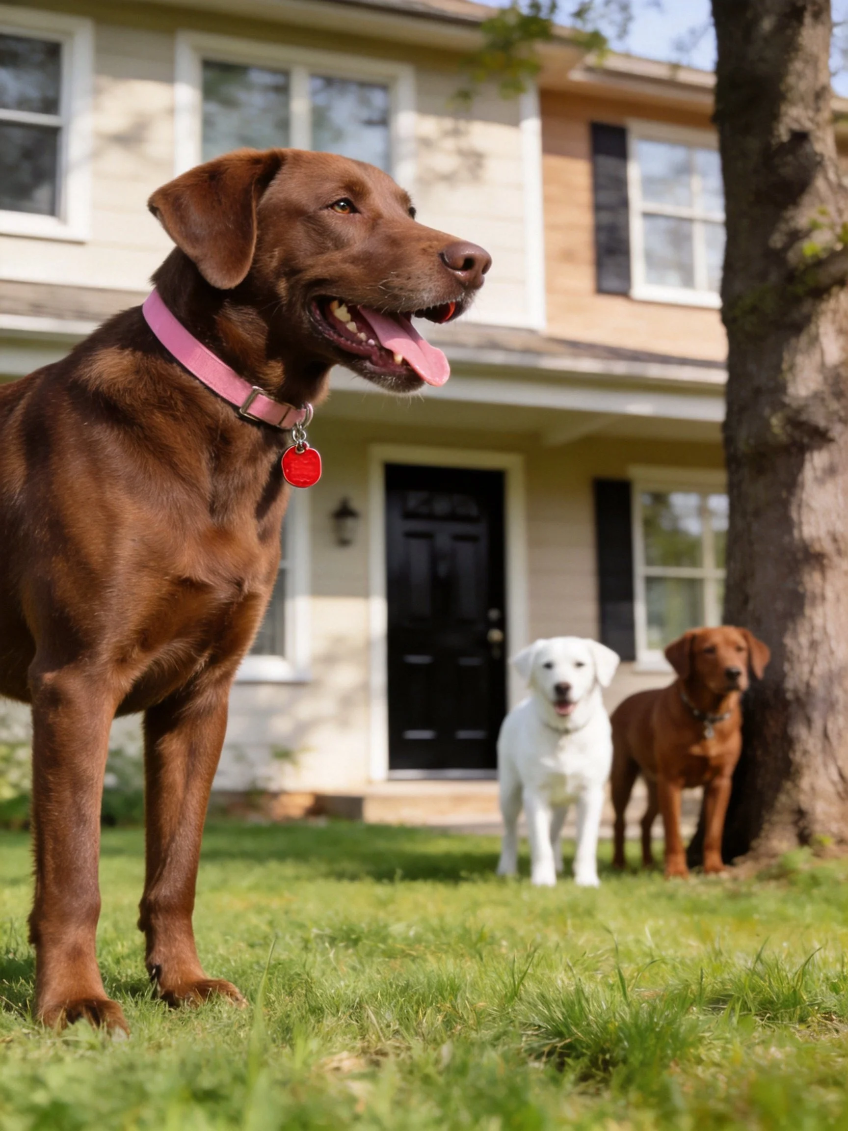 Three dogs of varying colors gather near a two - story home with green grass