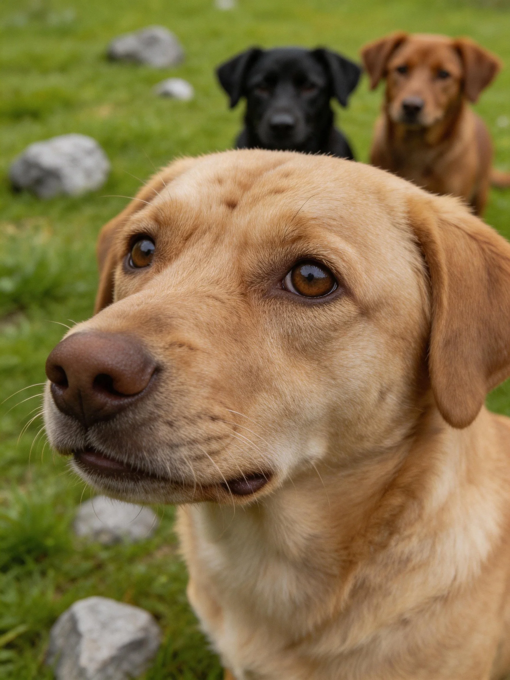 Three dogs—one tan, one black, one brown—are gathered near scattered rocks in a grassy area.