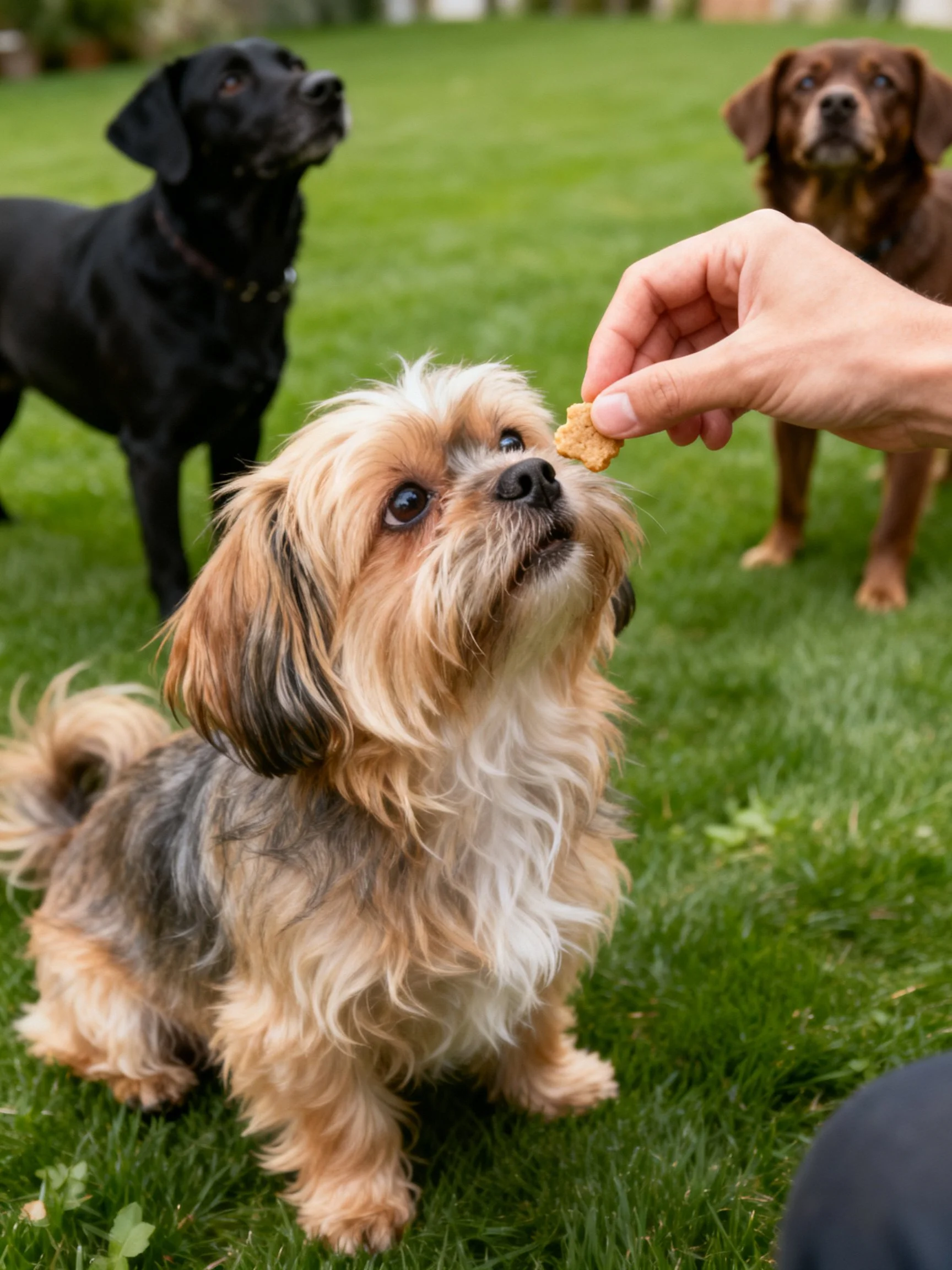 A small dog receives a treat from a hand while two other dogs watch nearby.