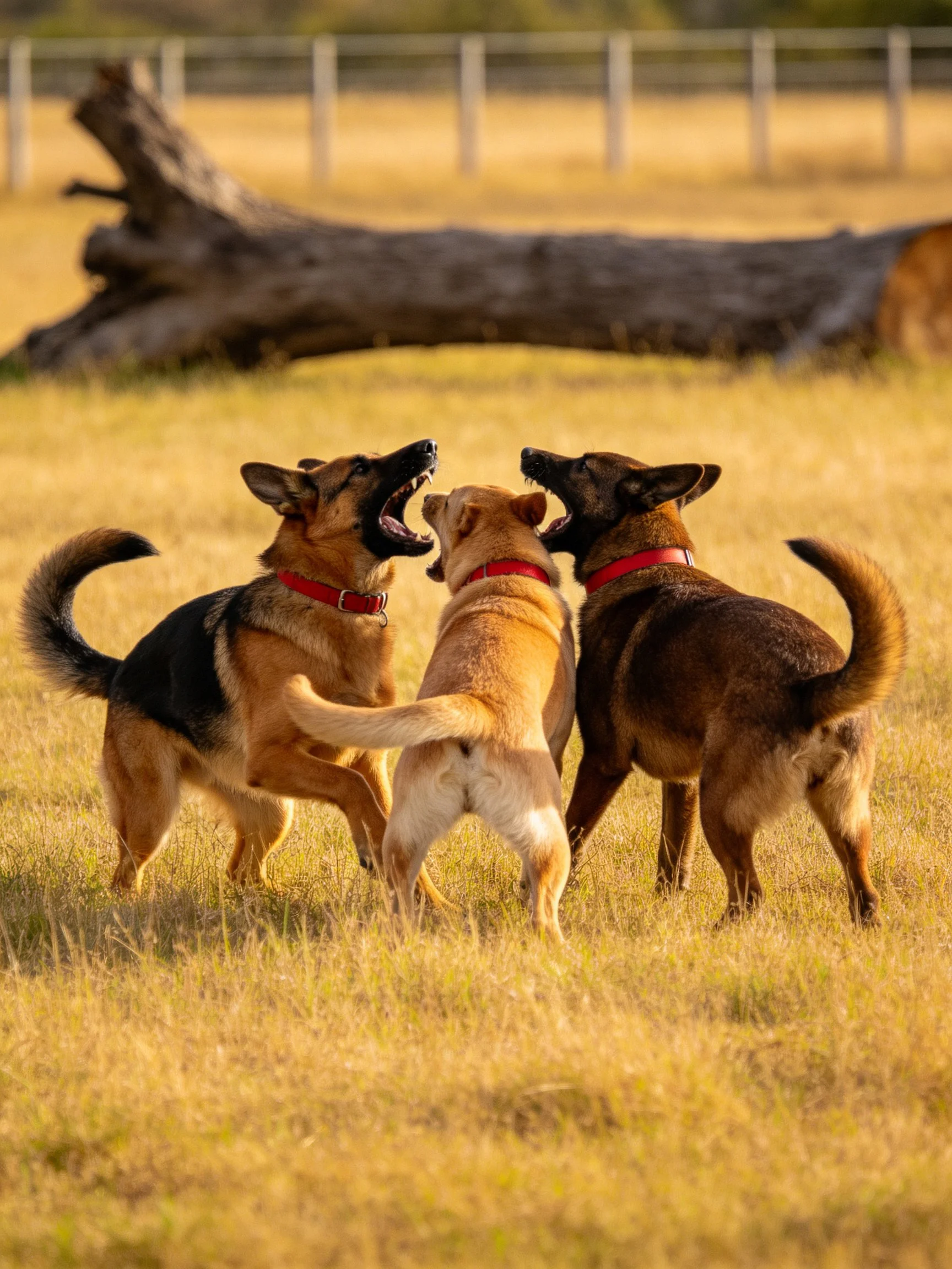 Three dogs play together in a sunlit grassy field