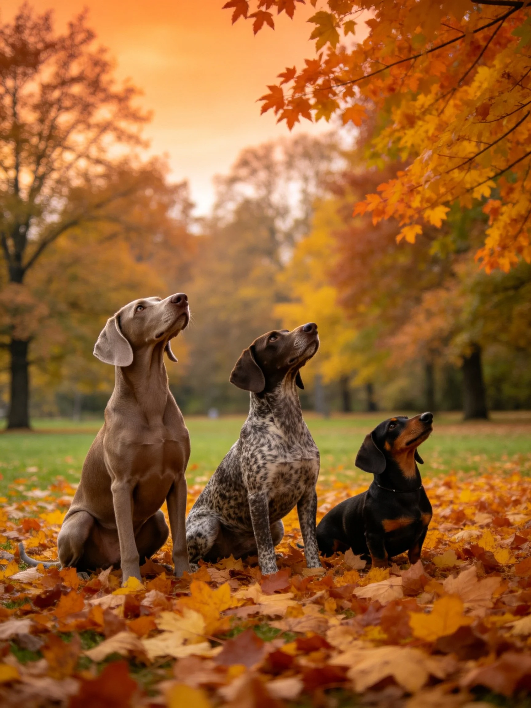 Three dogs gaze upward in a sun-drenched autumn park with fallen leaves.