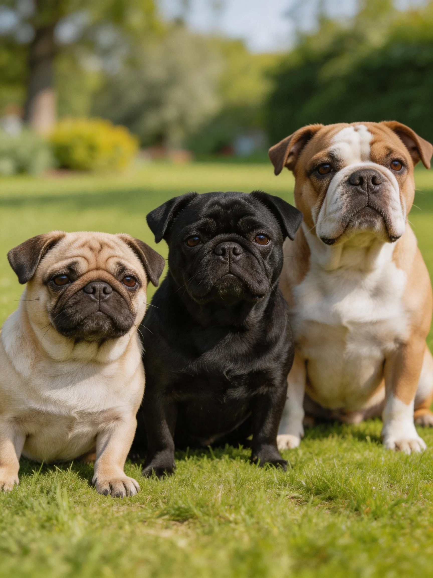 Three dogs of varied breeds and colors sit together outdoors.
