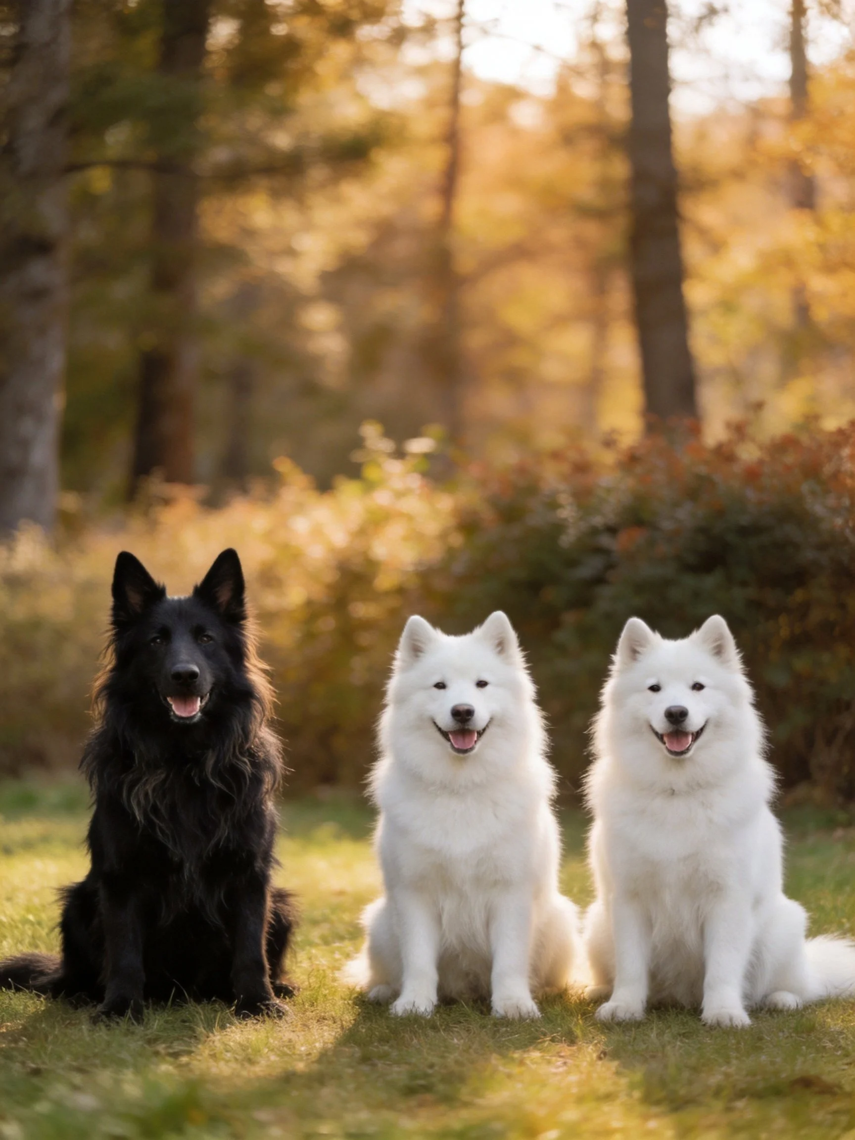 Three dogs sit together in a sunlit forest.