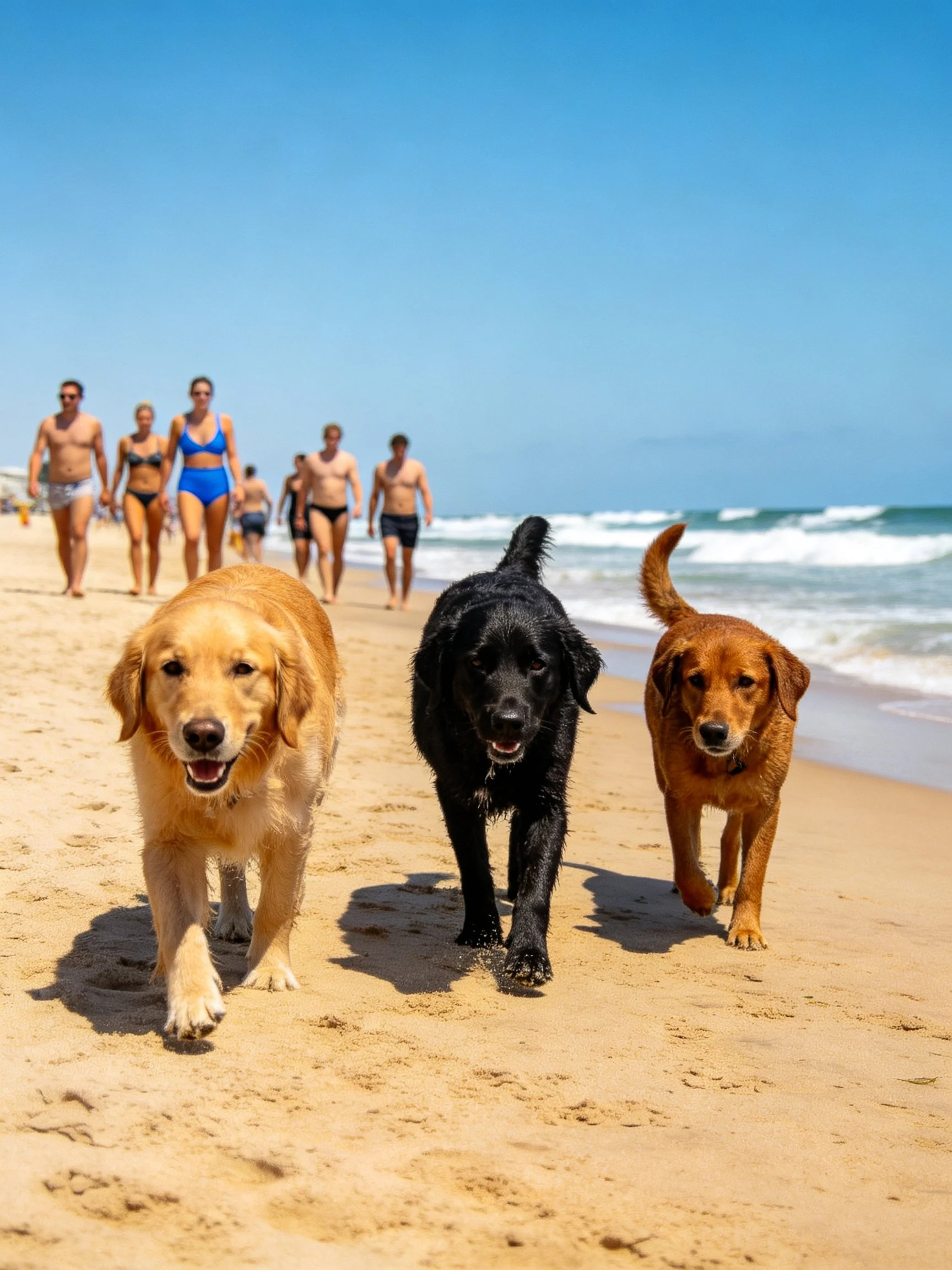 Dogs walk along a sandy beach near people in swimwear.