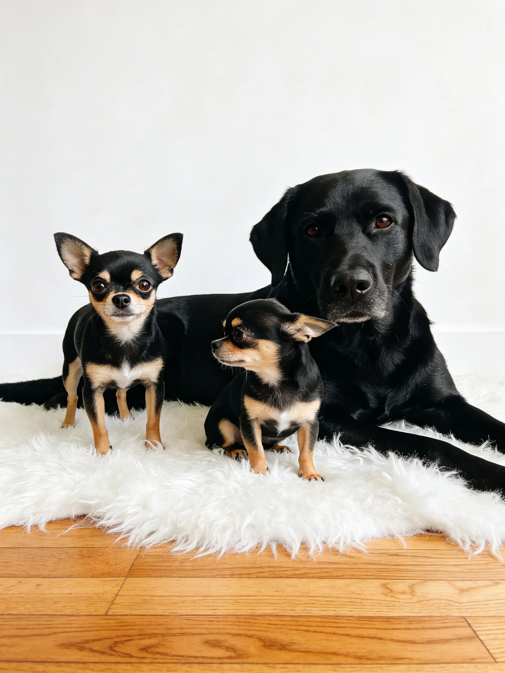Three dogs—two small black-and-tan Chihuahuas, one large black Labrador—resting on a white rug.