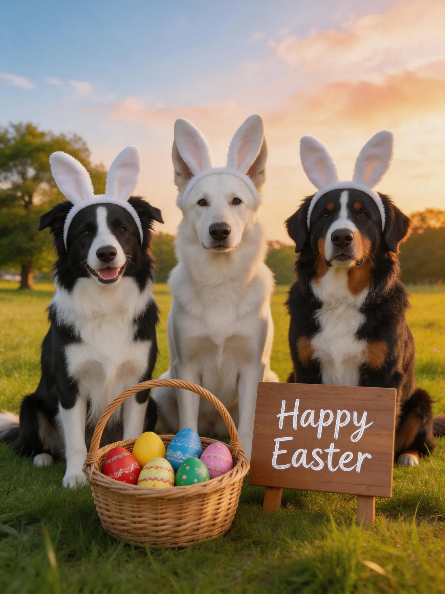 Three dogs wearing bunny ears are posed near Easter decorations outside