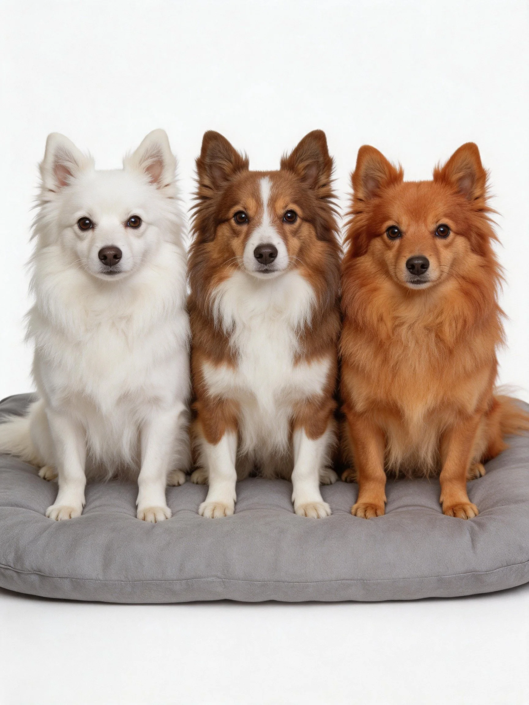 Three small dogs of different colors sit together on a gray cushion.