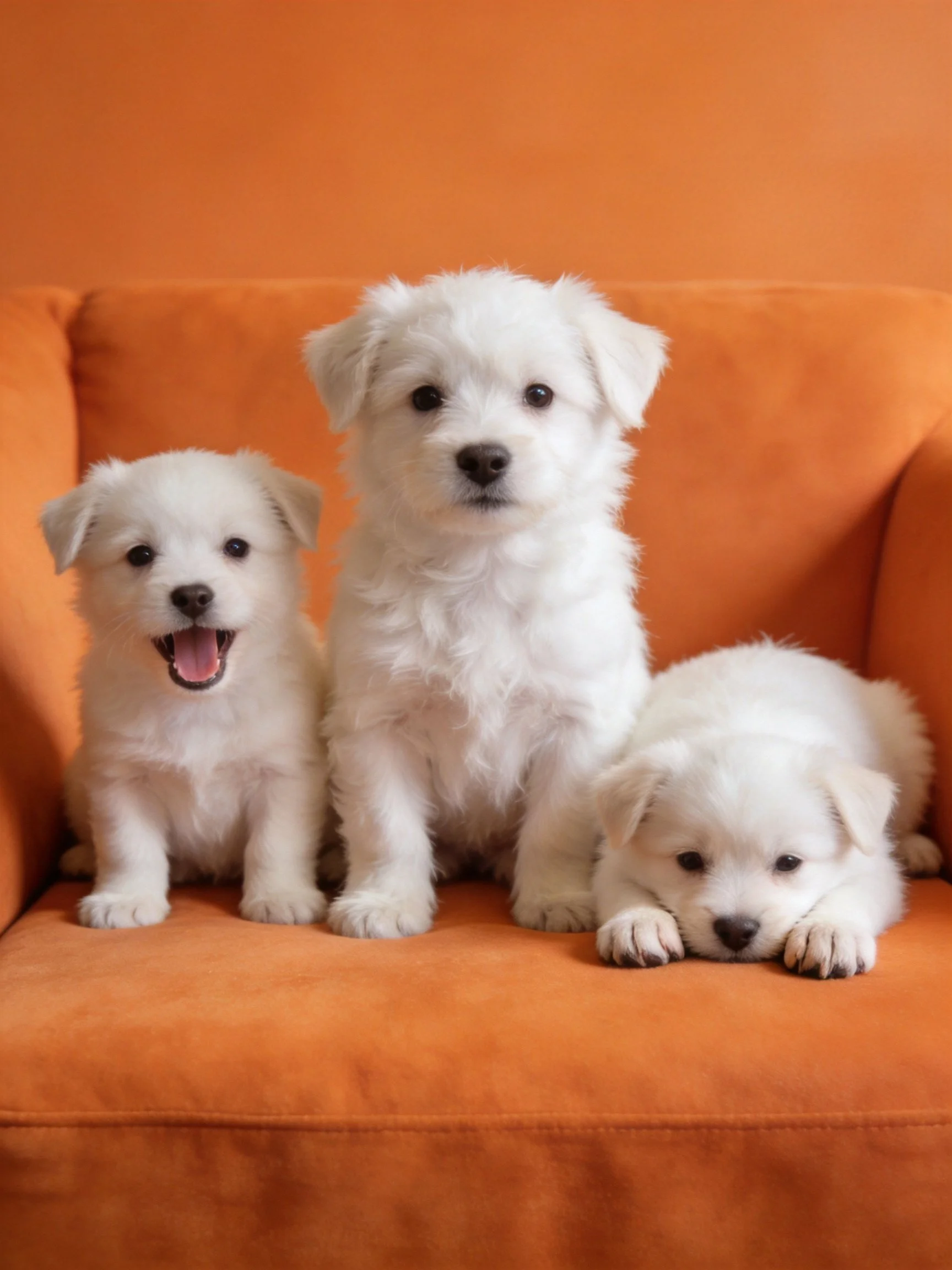 Three white puppies rest on an orange couch with varied poses